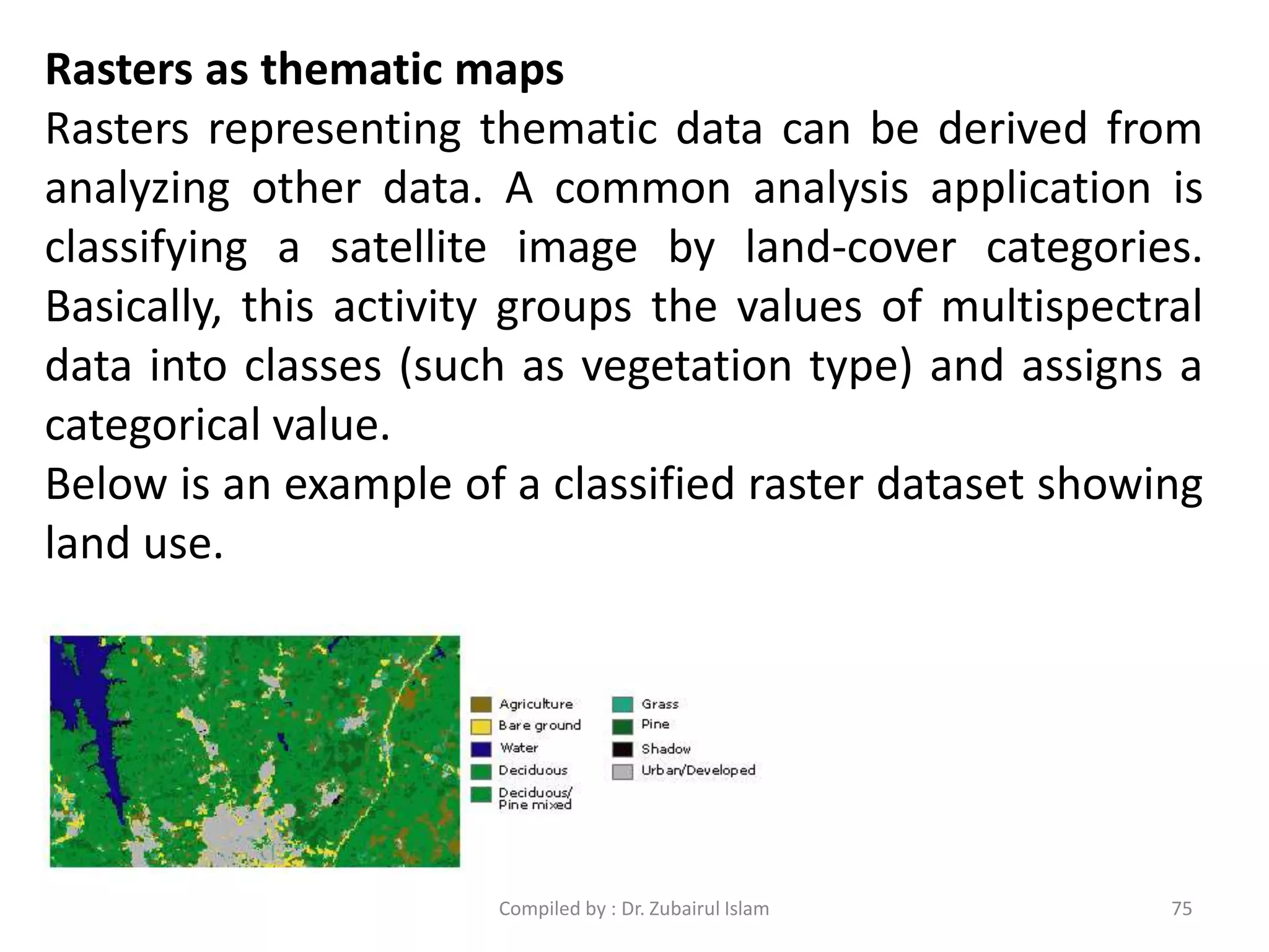 Rasters as thematic maps
Rasters representing thematic data can be derived from
analyzing other data. A common analysis application is
classifying a satellite image by land-cover categories.
Basically, this activity groups the values of multispectral
data into classes (such as vegetation type) and assigns a
categorical value.
Below is an example of a classified raster dataset showing
land use.
75Compiled by : Dr. Zubairul Islam
 