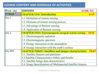 COURSE CONTENT AND SCHEDULE OF ACTIVITIES
Week / day CONTENTS SLIDE NO.
1st Week CHAPTER ONE: Introduction 6-19
Day 1 1.1. Definition of remote sensing
1.2. Elements of remote sensing process
1.3. Advantage of Remote sensing
1.4. Application of Remote sensing
Day 2 CHAPTER TWO: Electromagnetic energy& remote sensing 20-38
2.1. Electromagnetic radiation
2.2. Electromagnetic spectrum
2.3. Energy interaction in the atmosphere
2.4. Energy interaction with the earth’s surface
Day 3&4 CHAPTER THREE: Satellites and images characteristics 39-67
3.1. Satellite Sensors and platforms
3.2 Satellite Characteristics: Orbits and Swaths
3.3. Satellite Image data characteristics
3.4. Image Specifications of Multispectral Satellite Sensors
2Compiled by : Dr. Zubairul Islam
 