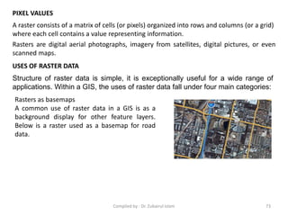 PIXEL VALUES
A raster consists of a matrix of cells (or pixels) organized into rows and columns (or a grid)
where each cell contains a value representing information.
Rasters are digital aerial photographs, imagery from satellites, digital pictures, or even
scanned maps.
USES OF RASTER DATA
Structure of raster data is simple, it is exceptionally useful for a wide range of
applications. Within a GIS, the uses of raster data fall under four main categories:
Rasters as basemaps
A common use of raster data in a GIS is as a
background display for other feature layers.
Below is a raster used as a basemap for road
data.
73Compiled by : Dr. Zubairul Islam
 