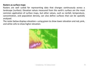 Rasters as surface maps
Rasters are well suited for representing data that changes continuously across a
landscape (surface). Elevation values measured from the earth's surface are the most
common application of surface maps, but other values, such as rainfall, temperature,
concentration, and population density, can also define surfaces that can be spatially
analyzed.
The raster below displays elevation—using green to show lower elevation and red, pink,
and white cells to show higher elevation.
74Compiled by : Dr. Zubairul Islam
 