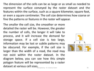The dimension of the cells can be as large or as small as needed to
represent the surface conveyed by the raster dataset and the
features within the surface, such as a square kilometer, square foot,
or even a square centimeter. The cell size determines how coarse or
fine the patterns or features in the raster will appear.
The smaller the cell size, the smoother or more
detailed the raster will be. However, the greater
the number of cells, the longer it will take to
process, and it will increase the demand for
storage space. If a cell size is too large,
information may be lost or subtle patterns may
be obscured. For example, if the cell size is
larger than the width of a road, the road may
not exist within the raster dataset. In the
diagram below, you can see how this simple
polygon feature will be represented by a raster
dataset at various cell sizes. 78Compiled by : Dr. Zubairul Islam
 