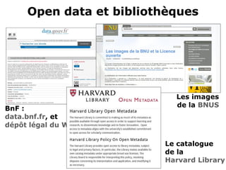Open data et bibliothèques
BnF :
data.bnf.fr, et
dépôt légal du Web
Les images
de la BNUS
Le catalogue
de la
Harvard Library
 