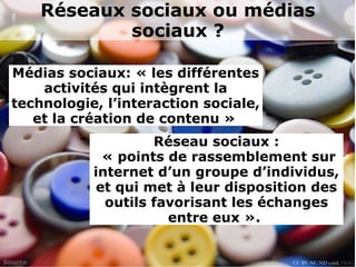 Réseaux sociaux ou médias
sociaux ?
Médias sociaux: « les différentes
activités qui intègrent la
technologie, l’interaction sociale,
et la création de contenu »
Réseau sociaux :
« points de rassemblement sur
internet d’un groupe d’individus,
et qui met à leur disposition des
outils favorisant les échanges
entre eux ».
CC BY-NC-ND s.red, FlickrSource
 