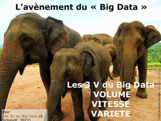 L’avènement du « Big Data »
Les 3 V du Big Data
VOLUME
VITESSE
VARIETE
CCBY-SARonaldSaunders,WikimediaCommons
Voir
Les 3V du Big Data (S.
 