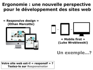 Ergonomie : une nouvelle perspective
 pour le développement des sites web
Votre site web est-il « responsif » ? 
Testez-le sur Responsivator
« Mobile first »
(Luke Wroblewski)
Un exemple…?
« Responsive design »
(Ethan Marcotte)
 