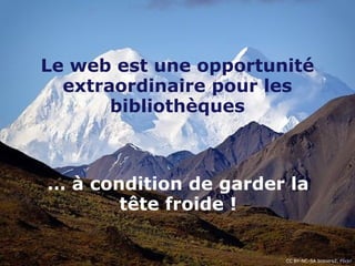 Le web est une opportunité 
extraordinaire pour les 
bibliothèques
… à condition de garder la 
tête froide !
CC BY-NC-SA blmiers2, Flickr
 