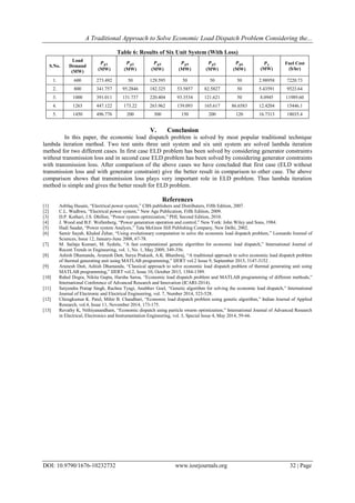 A Traditional Approach to Solve Economic Load Dispatch Problem Considering the...
DOI: 10.9790/1676-10232732 www.iosrjournals.org 32 | Page
Table 6: Results of Six Unit System (With Loss)
S.No.
Load
Demand
(MW) (MW) (MW) (MW) (MW) (MW) (MW) (MW)
Fuel Cost
($/hr)
1. 600 273.492 50 129.595 50 50 50 2.98958 7220.73
2. 800 341.757 95.2846 182.325 53.5857 82.5827 50 5.43591 9523.64
3. 1000 391.011 131.737 220.404 93.3534 121.621 50 8.0945 11989.60
4. 1263 447.122 173.22 263.962 139.093 165.617 86.6583 12.4204 15446.1
5. 1450 496.776 200 300 150 200 120 16.7313 18035.4
V. Conclusion
In this paper, the economic load dispatch problem is solved by most popular traditional technique
lambda iteration method. Two test units three unit system and six unit system are solved lambda iteration
method for two different cases. In first case ELD problem has been solved by considering generator constraints
without transmission loss and in second case ELD problem has been solved by considering generator constraints
with transmission loss. After comparison of the above cases we have concluded that first case (ELD without
transmission loss and with generator constraint) give the better result in comparison to other case. The above
comparison shows that transmission loss plays very important role in ELD problem. Thus lambda iteration
method is simple and gives the better result for ELD problem.
References
[1] Asbfaq Husain, “Electrical power system,” CBS publishers and Distributers, Fifth Edition, 2007.
[2] C.L. Wadhwa, “Electrical power system,” New Age Publication, Fifth Edition, 2009.
[3] D.P. Kothari, J.S. Dhillon, “Power system optimization,” PHI, Second Edition, 2010.
[4] J. Wood and B.F. Wollenberg, “Power generation operation and control,” New York: John Wiley and Sons, 1984.
[5] Hadi Saadat, “Power system Analysis,” Tata McGraw Hill Publishing Company, New Delhi, 2002.
[6] Samir Sayah, Khaled Zehar, “Using evolutionary computation to solve the economic load dispatch problem,” Leonardo Journal of
Sciences, Issue 12, January-June 2008, 67-78.
[7] M. Sailaja Kumari, M. Sydulu, “A fast computational genetic algorithm for economic load dispatch,” International Journal of
Recent Trends in Engineering, vol. 1, No. 1, May 2009, 349-356.
[8] Ashish Dhamanda, Arunesh Dutt, Surya Prakash, A.K. Bhardwaj, “A traditional approach to solve economic load dispatch problem
of thermal generating unit using MATLAB programming,” IJERT vol.2 Issue 9, September 2013, 3147-3152 .
[9] Arunesh Dutt, Ashish Dhamanda, “Classical approach to solve economic load dispatch problem of thermal generating unit using
MATLAB programming,” IJERT vol.2, Issue 10, October 2013, 1384-1389.
[10] Rahul Dogra, Nikita Gupta, Harsha Saroa, “Economic load dispatch problem and MATLAB programming of different methods,”
International Conference of Advanced Research and Innovation (ICARI-2014).
[11] Satyendra Pratap Singh, Rachna Tyagi, Anubhav Goel, “Genetic algorithm for solving the economic load dispatch,” International
Journal of Electronic and Electrical Engineering, vol. 7, Number 2014, 523-528.
[12] Chiragkumar K. Patel, Mihir B. Chaudhari, “Economic load dispatch problem using genetic algorithm,” Indian Journal of Applied
Research, vol.4, Issue 11, November 2014, 173-175.
[13] Revathy K, Nithiyanandham, “Economic dispatch using particle swarm optimization,” International Journal of Advanced Research
in Electrical, Electronics and Instrumentation Engineering, vol. 3, Special Issue 4, May 2014, 59-66.
 