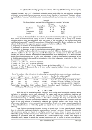The Effect of Relationship Quality on Customer Advocacy: The Mediating Role of Loyalty
www.iosrjournals.org 48 | Page
customers’ advocacy was 0.703. Commitment showing a stronger direct effect, but and customers’ satisfaction
exhibited a stronger total effect on customers’ advocacy loyalty than that of commitment. The direct, indirect,
and total effect of customers’ satisfaction, trust, commitment, loyalty and advocacy were summarized in Table
III.
Table III
The direct, indirect, and total effect of dominants on customers’ advocacy
Advocacy
Direct effect Indirect effect Total effect
Satisfaction 0.262 0.441 0.703
Trust 0.039 0.320 0.359
Commitment 0.352 0.100 0.452
Loyalty 0.271 0.271
Focusing on the indirect effects of satisfaction, trust and commitment on advocacy, it was apparent that
these effects are mediated through loyalty. In order to evaluate the mediating role of loyalty (LO), multiple
regression analyses have been carried out using the average of the indicators for the multiple items latent
variables (satisfaction (ST), trust (TR), commitment (CO) and advocacy (AD)). To test mediation, one should
estimate the three following regression equations as proposed by Baron and Kenny [97]:
(1) Regressing the mediator on the independent variable.
(2) Regressing the dependent variable on the independent variable.
(3) Regressing the dependent variable on both the independent variable and the mediator.
To establish mediation, the following conditions must hold [82]: first, the independent variable must
affect the mediator in the first regression; second, the independent variable needs to affect the dependent
variable; and third, the mediator must affect the dependent variable in the third equation. If all these conditions
hold in the predicted direction, then the effect of the independent variable on the dependent variable must be less
in the third equation than in the second. Perfect mediation exists if the independent variable has no effect when
the mediator is controlled:
(1) In LO = α1 + β1*ST + ε1, β1 must be significant.
(2) In AD = α2 + β2*ST + ε2, β2 must be significant.
(3) In AD = α3 + βST*ST + βLO*LO +ε3, βST and βLO must be significant and βST < β2.
The results of Table IV demonstrate that in all cases loyalty is a partial mediator between satisfaction, trust,
commitment and advocacy.
Table IV
Test of the mediator effect of loyalty in the relationship between satisfaction, trust, commitment and advocacy
Variable
β1 signif.? β 2 signif.?
βST, βTR, βCO, and βLO signif.?
and βST, βTR, βCO, < β2?Indep. Med. Depen.
ST LO AD t =9.759 t =8.319 tST=4.027, tLO=5.378; βST (0.281) < β2 (0.503)
TR LO AD t=11.119 t=9.082 tTR=4.379, tLO=4.635; βTR (0.315) < β2 (0.529)
CO LO AD t =8.249 t =9.101 tCO=5.411, tLO=5.603; βCO (0.374) < β2 (0.578)
Note: Indep.: Independent; Med.: Mediator; Depen.: Dependent; signif.: Significant; ST: Satisfaction;
LO: Loyalty; AD: advocacy; TR: Trust; CO: Commitment
V. CONCLUSION
While the need to proactively manage customers' advocacy has been increasingly recognized within
marketing, its antecedents are not well understood. The present study merges relationship marketing and
advocacy marketing literature to address how loyalty moderates the relationship between relationship quality
and customer advocacy in a banking context. To the authors' knowledge, this study is the first time these
constructs have been examined in an integrated approach. Understanding this process is important given that
loyalty is the main purpose of relationship marketing and customer advocacy can greatly extend the
effectiveness and efficiency of an organization's marketing efforts. Results of the present research suggest that it
is the combined influence of relationship quality and loyalty that is important in understanding customer
advocacy.
These findings contribute to the extant literature in several ways. First, the research extends thinking
from the relationship marketing to deepening understanding of customer's advocacy. This study shows that the
role relationship quality and loyalty in developing customer advocacy. Given its impact on advocacy,
relationship quality from the banking should enhance episodic value in relationships for the customer which is
implicated in satisfaction, trust and commitment [42]. Future research could examine other aspects of
relationship quality beyond the satisfaction, trust and commitment, such as conflict in various forms (affective,
 