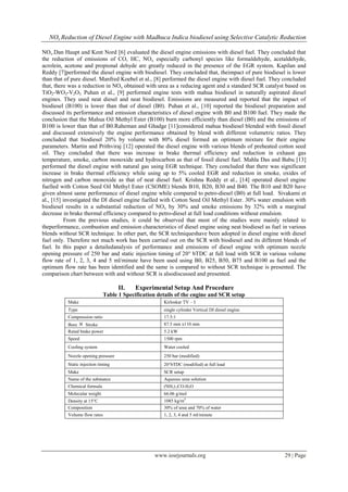 NOx Reduction of Diesel Engine with Madhuca Indica biodiesel using Selective Catalytic Reduction
www.iosrjournals.org 29 | Page
NOx.Dan Haupt and Kent Nord [6] evaluated the diesel engine emissions with diesel fuel. They concluded that
the reduction of emissions of CO, HC, NOx especially carbonyl species like formaldehyde, acetaldehyde,
acrolein, acetone and propional dehyde are greatly reduced in the presence of the EGR system. Kapilan and
Reddy [7]performed the diesel engine with biodiesel. They concluded that, theimpact of pure biodiesel is lower
than that of pure diesel. Manfred Koebel et al., [8] performed the diesel engine with diesel fuel. They concluded
that, there was a reduction in NOx obtained with urea as a reducing agent and a standard SCR catalyst based on
TiO2-WO3-V2O5. Puhan et al., [9] performed engine tests with mahua biodiesel in naturally aspirated diesel
engines. They used neat diesel and neat biodiesel. Emissions are measured and reported that the impact of
biodiesel (B100) is lower than that of diesel (B0). Puhan et al., [10] reported the biodiesel preparation and
discussed its performance and emission characteristics of diesel engine with B0 and B100 fuel. They made the
conclusion that the Mahua Oil Methyl Ester (B100) burn more efficiently than diesel (B0) and the emissions of
B100 is lower than that of B0.Raheman and Ghadge [11]considered mahua biodiesel blended with fossil diesel
and discussed extensively the engine performance obtained by blend with different volumetric ratios. They
concluded that biodiesel 20% by volume with 80% diesel formed an optimum mixture for their engine
parameters. Martin and Prithviraj [12] operated the diesel engine with various blends of preheated cotton seed
oil. They concluded that there was increase in brake thermal efficiency and reduction in exhaust gas
temperature, smoke, carbon monoxide and hydrocarbon as that of fossil diesel fuel. Mahla Das and Babu [13]
performed the diesel engine with natural gas using EGR technique. They concluded that there was significant
increase in brake thermal efficiency while using up to 5% cooled EGR and reduction in smoke, oxides of
nitrogen and carbon monoxide as that of neat diesel fuel. Krishna Reddy et al., [14] operated diesel engine
fuelled with Cotton Seed Oil Methyl Ester (CSOME) blends B10, B20, B30 and B40. The B10 and B20 have
given almost same performance of diesel engine while compared to petro-diesel (B0) at full load. Sivakami et
al., [15] investigated the DI diesel engine fuelled with Cotton Seed Oil Methyl Ester. 30% water emulsion with
biodiesel results in a substantial reduction of NOx by 30% and smoke emissions by 32% with a marginal
decrease in brake thermal efficiency compared to petro-diesel at full load conditions without emulsion.
From the previous studies, it could be observed that most of the studies were mainly related to
theperformance, combustion and emission characteristics of diesel engine using neat biodiesel as fuel in various
blends without SCR technique. In other part, the SCR techniqueshave been adopted in diesel engine with diesel
fuel only. Therefore not much work has been carried out on the SCR with biodiesel and its different blends of
fuel. In this paper a detailedanalysis of performance and emissions of diesel engine with optimum nozzle
opening pressure of 250 bar and static injection timing of 20° bTDC at full load with SCR in various volume
flow rate of 1, 2, 3, 4 and 5 ml/minute have been used using B0, B25, B50, B75 and B100 as fuel and the
optimum flow rate has been identified and the same is compared to without SCR technique is presented. The
comparison chart between with and without SCR is alsodiscussed and presented.
II. Experimental Setup And Procedure
Table 1 Specification details of the engine and SCR setup
Make Kirloskar TV – I
Type single cylinder Vertical DI diesel engine
Compression ratio 17.5:1
Bore  Stroke 87.5 mm x110 mm
Rated brake power 5.2 kW
Speed 1500 rpm
Cooling system Water cooled
Nozzle opening pressure 250 bar (modified)
Static injection timing 20bTDC (modified) at full load
Make SCR setup
Name of the substance Aqueous urea solution
Chemical formula (NH2) 2CO.H2O
Molecular weight 66.06 g/mol
Density at 15C 1085 kg/m3
Composition 30% of urea and 70% of water
Volume flow rates 1, 2, 3, 4 and 5 ml/minute
 