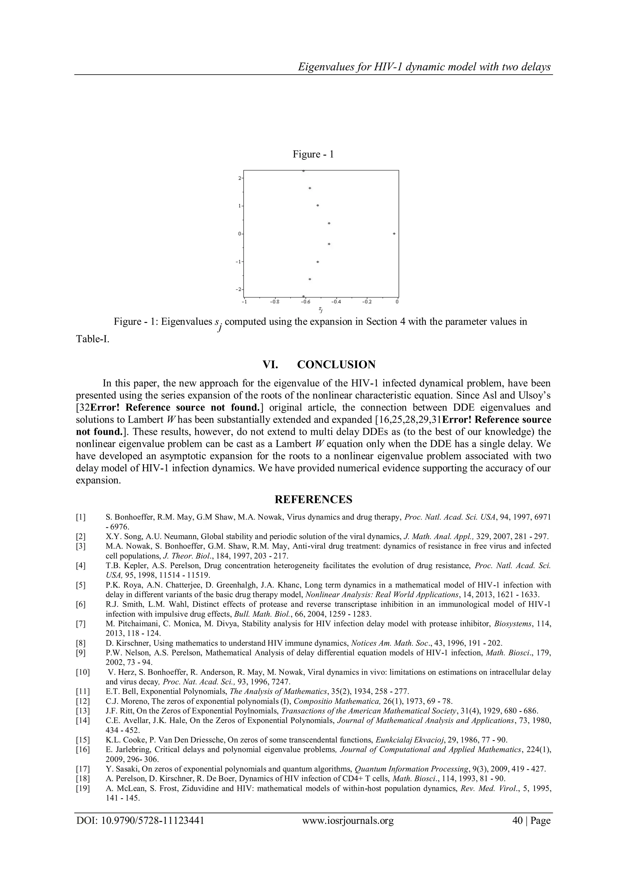 Eigenvalues for HIV-1 dynamic model with two delays
DOI: 10.9790/5728-11123441 www.iosrjournals.org 40 | Page
Figure - 1
Figure - 1: Eigenvalues s
j
computed using the expansion in Section 4 with the parameter values in
Table-I.
VI. CONCLUSION
In this paper, the new approach for the eigenvalue of the HIV-1 infected dynamical problem, have been
presented using the series expansion of the roots of the nonlinear characteristic equation. Since Asl and Ulsoy’s
[32Error! Reference source not found.] original article, the connection between DDE eigenvalues and
solutions to Lambert W has been substantially extended and expanded [16,25,28,29,31Error! Reference source
not found.]. These results, however, do not extend to multi delay DDEs as (to the best of our knowledge) the
nonlinear eigenvalue problem can be cast as a Lambert W equation only when the DDE has a single delay. We
have developed an asymptotic expansion for the roots to a nonlinear eigenvalue problem associated with two
delay model of HIV-1 infection dynamics. We have provided numerical evidence supporting the accuracy of our
expansion.
REFERENCES
[1] S. Bonhoeffer, R.M. May, G.M Shaw, M.A. Nowak, Virus dynamics and drug therapy, Proc. Natl. Acad. Sci. USA, 94, 1997, 6971
- 6976.
[2] X.Y. Song, A.U. Neumann, Global stability and periodic solution of the viral dynamics, J. Math. Anal. Appl., 329, 2007, 281 - 297.
[3] M.A. Nowak, S. Bonhoeffer, G.M. Shaw, R.M. May, Anti-viral drug treatment: dynamics of resistance in free virus and infected
cell populations, J. Theor. Biol., 184, 1997, 203 - 217.
[4] T.B. Kepler, A.S. Perelson, Drug concentration heterogeneity facilitates the evolution of drug resistance, Proc. Natl. Acad. Sci.
USA, 95, 1998, 11514 - 11519.
[5] P.K. Roya, A.N. Chatterjee, D. Greenhalgh, J.A. Khanc, Long term dynamics in a mathematical model of HIV-1 infection with
delay in different variants of the basic drug therapy model, Nonlinear Analysis: Real World Applications, 14, 2013, 1621 - 1633.
[6] R.J. Smith, L.M. Wahl, Distinct effects of protease and reverse transcriptase inhibition in an immunological model of HIV-1
infection with impulsive drug effects, Bull. Math. Biol., 66, 2004, 1259 - 1283.
[7] M. Pitchaimani, C. Monica, M. Divya, Stability analysis for HIV infection delay model with protease inhibitor, Biosystems, 114,
2013, 118 - 124.
[8] D. Kirschner, Using mathematics to understand HIV immune dynamics, Notices Am. Math. Soc., 43, 1996, 191 - 202.
[9] P.W. Nelson, A.S. Perelson, Mathematical Analysis of delay differential equation models of HIV-1 infection, Math. Biosci., 179,
2002, 73 - 94.
[10] V. Herz, S. Bonhoeffer, R. Anderson, R. May, M. Nowak, Viral dynamics in vivo: limitations on estimations on intracellular delay
and virus decay, Proc. Nat. Acad. Sci., 93, 1996, 7247.
[11] E.T. Bell, Exponential Polynomials, The Analysis of Mathematics, 35(2), 1934, 258 - 277.
[12] C.J. Moreno, The zeros of exponential polynomials (I), Compositio Mathematica, 26(1), 1973, 69 - 78.
[13] J.F. Ritt, On the Zeros of Exponential Poylnomials, Transactions of the American Mathematical Society, 31(4), 1929, 680 - 686.
[14] C.E. Avellar, J.K. Hale, On the Zeros of Exponential Polynomials, Journal of Mathematical Analysis and Applications, 73, 1980,
434 - 452.
[15] K.L. Cooke, P. Van Den Driessche, On zeros of some transcendental functions, Eunkcialaj Ekvacioj, 29, 1986, 77 - 90.
[16] E. Jarlebring, Critical delays and polynomial eigenvalue problems, Journal of Computational and Applied Mathematics, 224(1),
2009, 296- 306.
[17] Y. Sasaki, On zeros of exponential polynomials and quantum algorithms, Quantum Information Processing, 9(3), 2009, 419 - 427.
[18] A. Perelson, D. Kirschner, R. De Boer, Dynamics of HIV infection of CD4+ T cells, Math. Biosci., 114, 1993, 81 - 90.
[19] A. McLean, S. Frost, Ziduvidine and HIV: mathematical models of within-host population dynamics, Rev. Med. Virol., 5, 1995,
141 - 145.
 