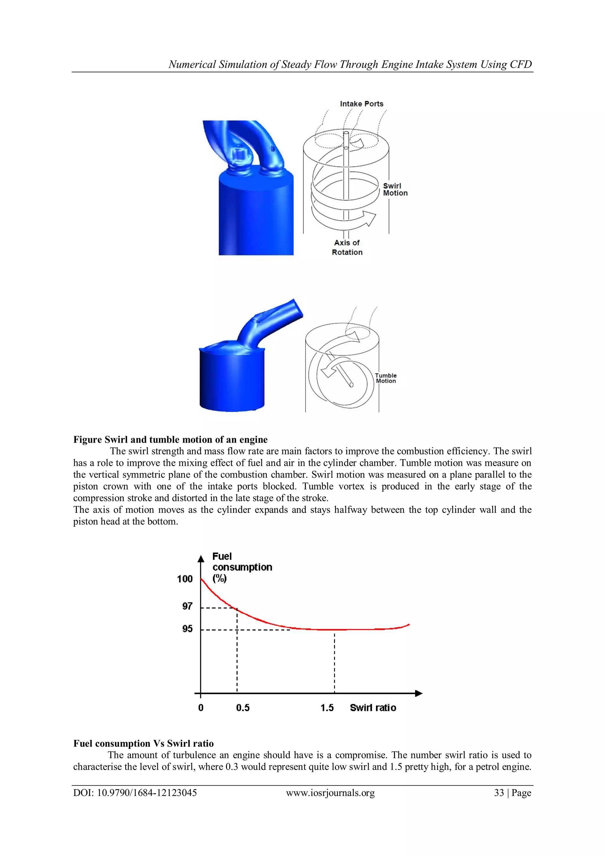 Numerical Simulation of Steady Flow Through Engine Intake System Using CFD
DOI: 10.9790/1684-12123045 www.iosrjournals.org 33 | Page
Figure Swirl and tumble motion of an engine
The swirl strength and mass flow rate are main factors to improve the combustion efficiency. The swirl
has a role to improve the mixing effect of fuel and air in the cylinder chamber. Tumble motion was measure on
the vertical symmetric plane of the combustion chamber. Swirl motion was measured on a plane parallel to the
piston crown with one of the intake ports blocked. Tumble vortex is produced in the early stage of the
compression stroke and distorted in the late stage of the stroke.
The axis of motion moves as the cylinder expands and stays halfway between the top cylinder wall and the
piston head at the bottom.
Fuel consumption Vs Swirl ratio
The amount of turbulence an engine should have is a compromise. The number swirl ratio is used to
characterise the level of swirl, where 0.3 would represent quite low swirl and 1.5 pretty high, for a petrol engine.
 