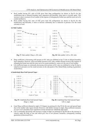 CFD Analysis And Optimization Of Geometrical Modifications Of Ahmed Body
DOI: 10.9790/1684-12513749 www.iosrjournals.org 46 | Page
 Roof camber having H/L ratio of 0.08 gives least drag configuration (as shown in fig-15) for this
modification due to delayed boundary layer separation and thereafter, drag starts to increase again. This
increase is due to increase of roof camber at the expense of enlarging the frontal area and this turns out to be
counter-productive.
 Roof camber having H/L ratio of 0.02 gives least lift configuration (as shown in fig-16) for this
modification and thereafter, it starts to increase continually due to reduction in pressure over the round
curvature of roof.
6.2 Side Camber
 Drag coefficient is decreasing with increase in H/L ratio (as exhibited in fig-17) due to delayed boundary
layer separation. However, with even further increase in H/L ratio, camber increase occurs at the expense of
enlarging the frontal area and this turns out to be counter-productive, same as in the case of roof camber.
 Lift coefficient keeps on continually decreasing with increase in H/L ratio (as exhibited in in fig-18) due to
reduction in pressure over the round curvature on the side panels of the Ahmed Body resulting in generation
of downforce.
6.3underbody Rear End Upward Taper
 Least Drag coefficient obtained at angle of 10 degree (as portrayed in fig-19) for the rear end upward taper
due to the smaller wake region formed. However, with further increase in angle, drag coefficient increases
as it give rise to boundary layer separation at steep inclined rear underbody taper panel.
 Lift is continually decreasing with increase in angle of taper (as portrayed in fig-20) due to the increase in
velocity under the body at rear end which give rise to low pressure formation, consequently resulting
generation of downward force.
Fig. 17- Side camber: Drag vs. H/L ratio Fig. 18- Side camber: Lift vs. H/L ratio
2.20E-01
2.30E-01
2.40E-01
2.50E-01
2.60E-01
2.70E-01
2.80E-01
0 5 10 15 20 25
Dragcoefficient
Angle of Taper
-7.00E-01
-6.00E-01
-5.00E-01
-4.00E-01
-3.00E-01
-2.00E-01
-1.00E-01
0.00E+00
1.00E-01
2.00E-01
0 5 10 15 20 25
LiftCoefficient
Angle of taper
Fig. 19- Underbody Rear End Upward Taper:
Drag vs. Angle
Fig. 20- Underbody Rear End Upward Taper:
Lift vs. angle
 