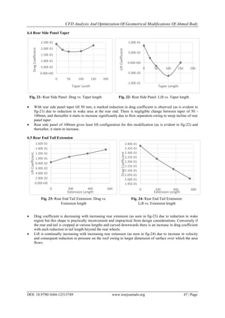 CFD Analysis And Optimization Of Geometrical Modifications Of Ahmed Body
DOI: 10.9790/1684-12513749 www.iosrjournals.org 47 | Page
6.4 Rear Side Panel Taper
 With rear side panel taper till 50 mm, a marked reduction in drag coefficient is observed (as is evident in
fig-21) due to reduction in wake area at the rear end. There is negligible change between taper of 50 -
100mm, and thereafter it starts to increase significantly due to flow separation owing to steep incline of rear
panel taper.
 Rear side panel of 100mm gives least lift configuration for this modification (as is evident in fig-22) and
thereafter, it starts to increase.
6.5 Rear End Tail Extension
 Drag coefficient is decreasing with increasing rear extension (as seen in fig-23) due to reduction in wake
region but this shape is practically inconvenient and impractical from design considerations. Conversely if
the rear end tail is cropped at various lengths and curved downwards there is an increase in drag coefficient
with each reduction in tail length beyond the rear wheels.
 Lift is continually increasing with increasing rear extension (as seen in fig-24) due to increase in velocity
and consequent reduction in pressure on the roof owing to larger dimension of surface over which the area
flows.
0.00E+00
5.00E-02
1.00E-01
1.50E-01
2.00E-01
2.50E-01
0 50 100 150 200
DragCoefficient
Taper Lenth
-1.00E-01
-5.00E-02
0.00E+00
5.00E-02
1.00E-01
0 50 100 150 200
LiftCoefficient
Taper Length
1.95E-01
2.00E-01
2.05E-01
2.10E-01
2.15E-01
2.20E-01
2.25E-01
2.30E-01
2.35E-01
2.40E-01
0 200 400 600
DragCoefficient
Extension Length
0.00E+00
2.00E-02
4.00E-02
6.00E-02
8.00E-02
1.00E-01
1.20E-01
1.40E-01
1.60E-01
0 200 400 600
LiftCoefficient
Extension Length
Fig. 21- Rear Side Panel: Drag vs. Taper length Fig. 22- Rear Side Panel: Lift vs. Taper length
Fig. 23- Rear End Tail Extension: Drag vs.
Extension length
Fig. 24- Rear End Tail Extension:
Lift vs. Extension length
 