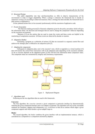 Adapting Software Components Dynamically for the Grid
www.iosrjournals.org 30 | Page
B. Structural Design
This splits adaptability into four sub-functionalities as Able to observe characteristics of the
environment in order to trigger adaptability; When a change is detected, the framework has to decide an
adaptation strategy [5] according to observed measures; Once a strategy has been decided, the framework has to
plan actions to implement it;
At last, planned actions have to be executed synchronously with the execution of applicative code.
C. Events Generation
The Decision making process[2] of dynamic adaptation given by the policy procedure which will give
the information about the decisions and strategies that are used to change the component‟s behavior depending
on the execution environment.
Monitors [13] are the entities that are used to create the events and these events are helpful in the
monitoring of components execution. All these events are observed by decider or monitor.
D. Adaptation Outline
Generating a program as a collection of actions [13] that are executed in a sequence control flow and
achieves the strategic plan is reflected as an adaptation plan [5].
E. Adapting the components
Subsequent to adaptation plan, next is the executor‟s turn, which is regarded as a virtual machine [13]
that will monitor the control flow instructions with in the adaptation plan depending on the execution schedule.
To do so executor depends on the adaptation points [2] this will have the information about component states.
The component states are constrained by integrity and consistency requirements.
Observe Environ
SelectAdaptComp
Browse Policy
Plan of Action
FrameWork
Verify Strategy
Execute
Figure 5. Deployment Diagram
F. Algorithms used
Following are the two algorithms that are used in this framework.
Converter
The first algorithm, the converter converts a given component to particular interface by deterministically
matching the given component/interface pair to an adapter on demand. The algorithm will rely on the executable
notations for interfaces, adapters and components, e.g., it will have to find out at runtime which edges a given
component supports and which borders a given adapter maps to.
Binder
The second algorithm, the binder combines the given interface with an implementation instance, which is
considered as a component or a component enclosed by adaptors.
 