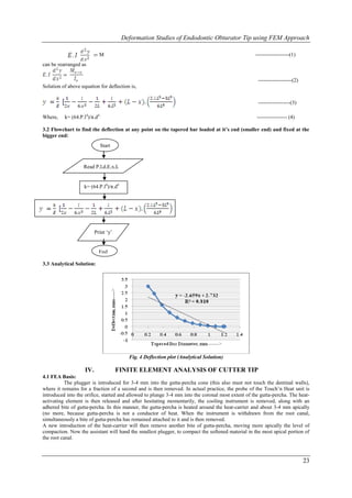 Deformation Studies of Endodontic Obturator Tip using FEM Approach

                            M                                                                      -------------------(1)
can be rearranged as

                                                                                                    -------------------(2)
Solution of above equation for deflection is,


                                                                                                    ------------------(3)

Where,    k= (64.P.l4)/π.d4                                                                         ----------------- (4)

3.2 Flowchart to find the deflection at any point on the tapered bar loaded at it’s end (smaller end) and fixed at the
bigger end:
                              Start


                   Read P,l,d,E,x,L


                   k= (64.P.l4)/π.d4




                                ]

                          Print „y‟


                            End

3.3 Analytical Solution:




                                         Fig. 4 Deflection plot (Analytical Solution)

                    IV.               FINITE ELEMENT ANALYSIS OF CUTTER TIP
4.1 FEA Basis:
          The plugger is introduced for 3-4 mm into the gutta-percha cone (this also must not touch the dentinal walls),
where it remains for a fraction of a second and is then removed. In actual practice, the probe of the Touch‟n Heat unit is
introduced into the orifice, started and allowed to plunge 3-4 mm into the coronal most extent of the gutta-percha. The heat-
activating element is then released and after hesitating momentarily, the cooling instrument is removed, along with an
adhered bite of gutta-percha. In this manner, the gutta-percha is heated around the heat-carrier and about 3-4 mm apically
(no more, because gutta-percha is not a conductor of heat. When the instrument is withdrawn from the root canal,
simultaneously a bite of gutta-percha has remained attached to it and is then removed.
A new introduction of the heat-carrier will then remove another bite of gutta-percha, moving more apically the level of
compaction. Now the assistant will hand the smallest plugger, to compact the softened material in the most apical portion of
the root canal.



                                                                                                                             23
 