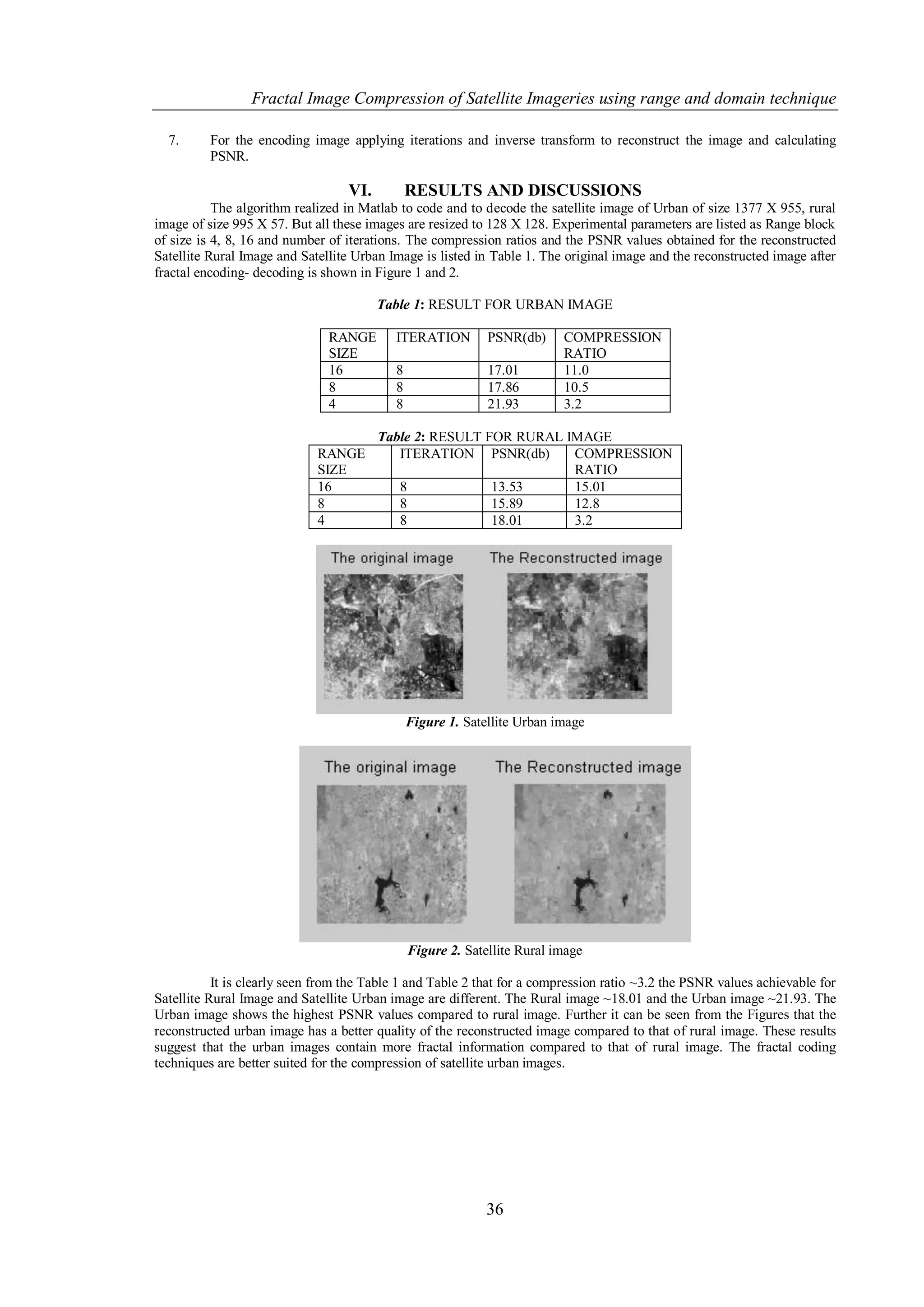 Fractal Image Compression of Satellite Imageries using range and domain technique

  7.      For the encoding image applying iterations and inverse transform to reconstruct the image and calculating
          PSNR.

                                   VI.         RESULTS AND DISCUSSIONS
           The algorithm realized in Matlab to code and to decode the satellite image of Urban of size 1377 X 955, rural
image of size 995 X 57. But all these images are resized to 128 X 128. Experimental parameters are listed as Range block
of size is 4, 8, 16 and number of iterations. The compression ratios and the PSNR values obtained for the reconstructed
Satellite Rural Image and Satellite Urban Image is listed in Table 1. The original image and the reconstructed image after
fractal encoding- decoding is shown in Figure 1 and 2.

                                         Table 1: RESULT FOR URBAN IMAGE

                               RANGE       ITERATION         PSNR(db)     COMPRESSION
                               SIZE                                       RATIO
                               16          8                 17.01        11.0
                               8           8                 17.86        10.5
                               4           8                 21.93        3.2

                                         Table 2: RESULT FOR RURAL IMAGE
                             RANGE          ITERATION PSNR(db)      COMPRESSION
                             SIZE                                   RATIO
                             16             8             13.53     15.01
                             8              8             15.89     12.8
                             4              8             18.01     3.2




                                               Figure 1. Satellite Urban image




                                               Figure 2. Satellite Rural image

           It is clearly seen from the Table 1 and Table 2 that for a compression ratio ~3.2 the PSNR values achievable for
Satellite Rural Image and Satellite Urban image are different. The Rural image ~18.01 and the Urban image ~21.93. The
Urban image shows the highest PSNR values compared to rural image. Further it can be seen from the Figures that the
reconstructed urban image has a better quality of the reconstructed image compared to that of rural image. These results
suggest that the urban images contain more fractal information compared to that of rural image. The fractal coding
techniques are better suited for the compression of satellite urban images.




                                                             36
 