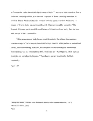 to firearms also varies dramatically by the cause of death. 77 percent of white American firearm
deaths are caused by suicides, with less than 19 percent of deaths caused by homicides. In
contrast, African-Americans have the complete opposite figures. For black Americans, 14
percent of firearm deaths are due to suicides, with 82 percent caused by homicides.74
The
dramatic 63 percent gap in homicide death between African-Americans is why there has been
such outrage in black communities.
Taking an even closer look, firearm homicide statistics for African-American men
between the ages of 20-29 is approximately 89 men per 100,000. When put into an international
context, this quite troubling. Honduras, a country that has one of the highest documented
homicide rates, had and estimated rate of 90.4 homicides per 100,000 people, which included
homicides not carried out by firearms.75
These figures are very troubling for the black
community.
Figure 1.876
74
Reeves and Holmes, “Guns and Race: The different worlds of black and white Americans,” (2015)
75
Reeves and Holmes, (2015)
76
Ibid
38
 
