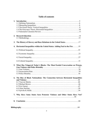 Table of contents
1. Introduction……………………………………………………………………………5
1.1 Defining Nationalism……………………………………………………………….6
1.2 Measuring Inequalities……………………………………………………………...8
1.3 The Greed Thesis: Vertical Inequalities…………………………………………….9
1.4 The Grievance Thesis: Horizontal Inequalities…………………………………….10
1.5 Nationalist Literature Review……………………………………………………....11
2. Research Question…………………………………………………………………….14
2.1 Methodology……………………………………………………………………….15
3. The History of Slavery and Race Relations in the United States………………….17
4. Horizontal Inequalities within the United States: Adding Fuel to the Fire………19
4.1 Political Inequality………………………………………………………………...19
4.2 Economic Inequality……………………………………………………………….23
4.3 Social Inequality…………………………………………………………………...27
4.4 Cultural Inequality…………………………………………………………………31
5. What Has Triggered Today’s Blacks: The Must-Needed Conversation on Prisons,
Gun Violence and Police Brutality ………………………………………………….37
5.1 Gun Violence………………………………………………………………………38
5.2 Incarceration Rate………………………………………………………………….39
5.3 Police Brutality ……………………………………………………………………41
6. The Rise of Black Nationalism: The Connection between Horizontal Inequalities
and Violence………………………………………………………………………….44
6.1 Trayvon Martin……………………………………………………………………44
6.2 Michael Brown…………………………………………………………………….46
6.3 Eric Garner………………………………………………………………………...47
6.4 Alton Sterling……………………………………………………………………...50
6.5 Sylville K Smith…………………………………………………………………...54
7. Why Have Some States Seen Protestor Violence and Other States Have Not?
…………………………………………………………………………………...56
8. Conclusion …………………………………………………………............................66
Bibliography…………………………………………………………………………………69
5
 