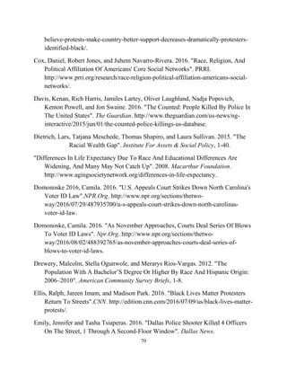 believe-protests-make-country-better-support-decreases-dramatically-protesters-
identified-black/.
Cox, Daniel, Robert Jones, and Juhem Navarro-Rivera. 2016. "Race, Religion, And
Political Affiliation Of Americans' Core Social Networks". PRRI.
http://www.prri.org/research/race-religion-political-affiliation-americans-social-
networks/.
Davis, Kenan, Rich Harris, Jamiles Lartey, Oliver Laughland, Nadja Popovich,
Kenton Powell, and Jon Swaine. 2016. "The Counted: People Killed By Police In
The United States". The Guardian. http://www.theguardian.com/us-news/ng-
interactive/2015/jun/01/the-counted-police-killings-us-database.
Dietrich, Lars, Tatjana Meschede, Thomas Shapiro, and Laura Sullivan. 2015. "The
Racial Wealth Gap". Institute For Assets & Social Policy, 1-40.
"Differences In Life Expectancy Due To Race And Educational Differences Are
Widening, And Many May Not Catch Up". 2008. Macarthur Foundation.
http://www.agingsocietynetwork.org/differences-in-life-expectancy.
Domonoske 2016, Camila. 2016. "U.S. Appeals Court Strikes Down North Carolina's
Voter ID Law".NPR.Org. http://www.npr.org/sections/thetwo-
way/2016/07/29/487935700/u-s-appeals-court-strikes-down-north-carolinas-
voter-id-law.
Domonoske, Camila. 2016. "As November Approaches, Courts Deal Series Of Blows
To Voter ID Laws". Npr.Org. http://www.npr.org/sections/thetwo-
way/2016/08/02/488392765/as-november-approaches-courts-deal-series-of-
blows-to-voter-id-laws.
Drewery, Malcolm, Stella Ogunwole, and Merarys Rios-Vargas. 2012. "The
Population With A Bachelor’S Degree Or Higher By Race And Hispanic Origin:
2006–2010". American Community Survey Briefs, 1-8.
Ellis, Ralph, Jareen Imam, and Madison Park. 2016. "Black Lives Matter Protesters
Return To Streets".CNN. http://edition.cnn.com/2016/07/09/us/black-lives-matter-
protests/.
Emily, Jennifer and Tasha Tsiaperas. 2016. "Dallas Police Shooter Killed 4 Officers
On The Street, 1 Through A Second-Floor Window". Dallas News.
70
 
