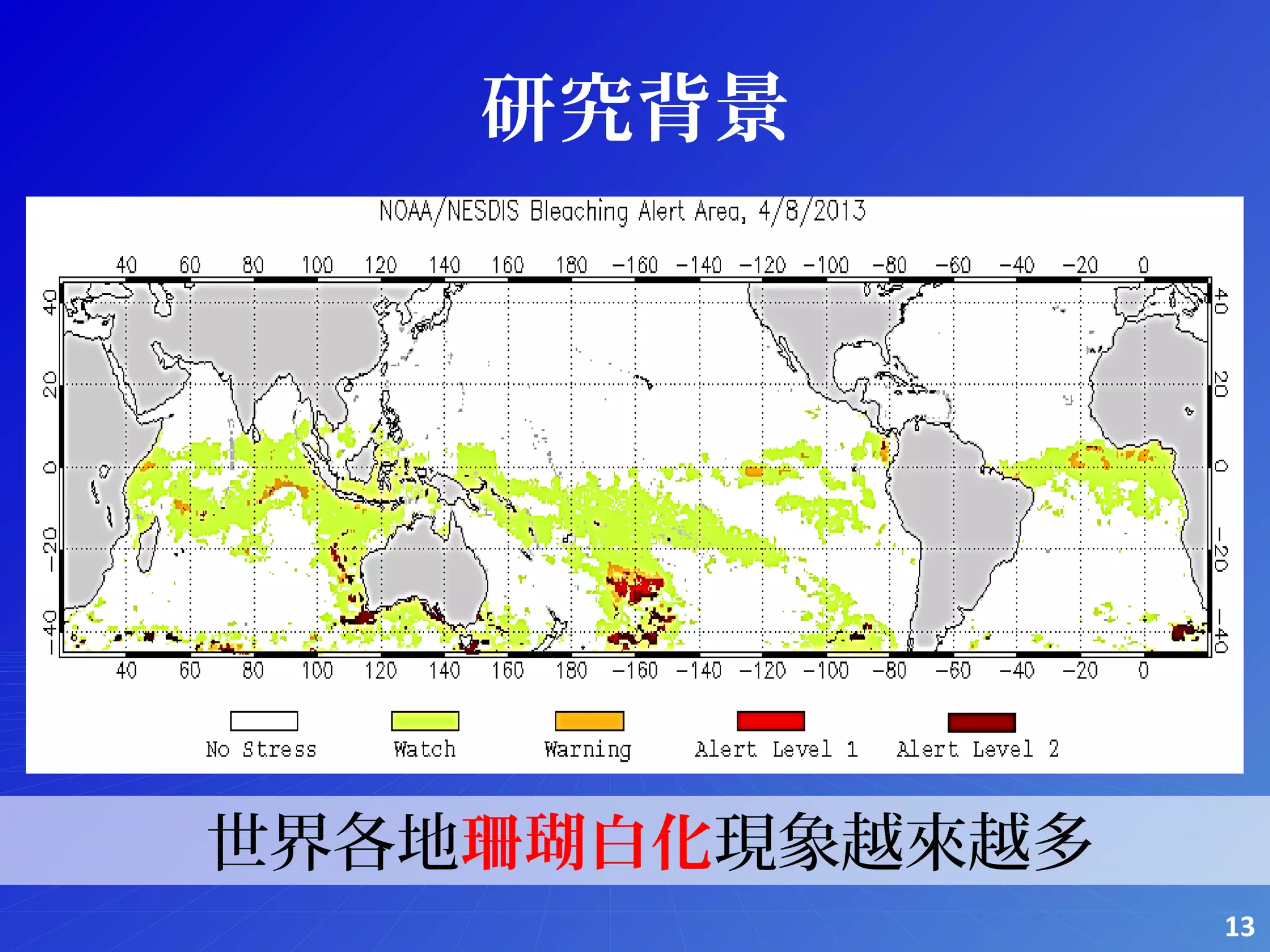 研究背景
世界各地珊瑚白化現象越來越多
13
 