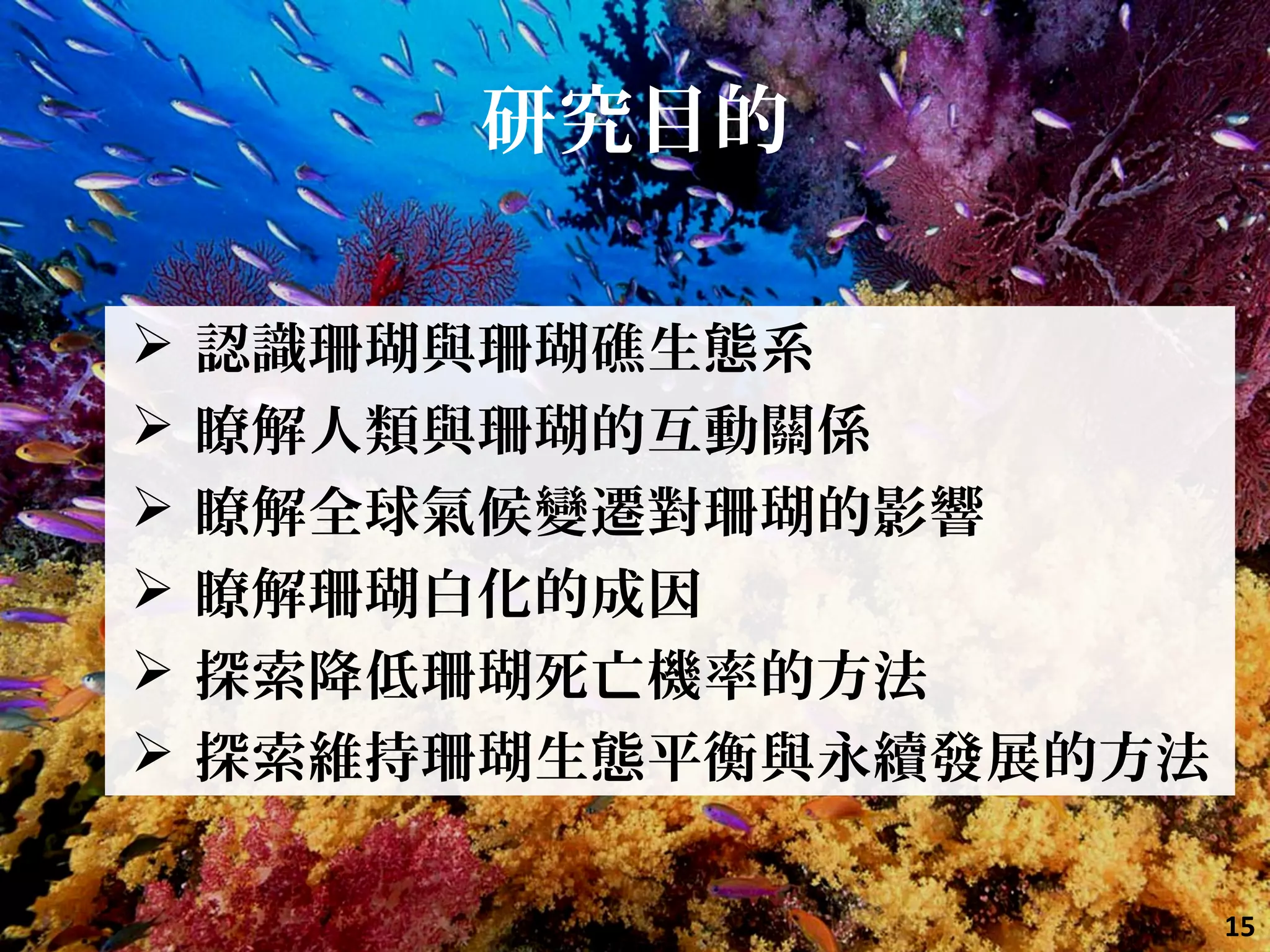 研究目的
 認識珊瑚與珊瑚礁生態系
 瞭解人類與珊瑚的互動關係
 瞭解全球氣候變遷對珊瑚的影響
 瞭解珊瑚白化的成因
 探索降低珊瑚死亡機率的方法  
 探索維持珊瑚生態平衡與永續發展的方法
15
 