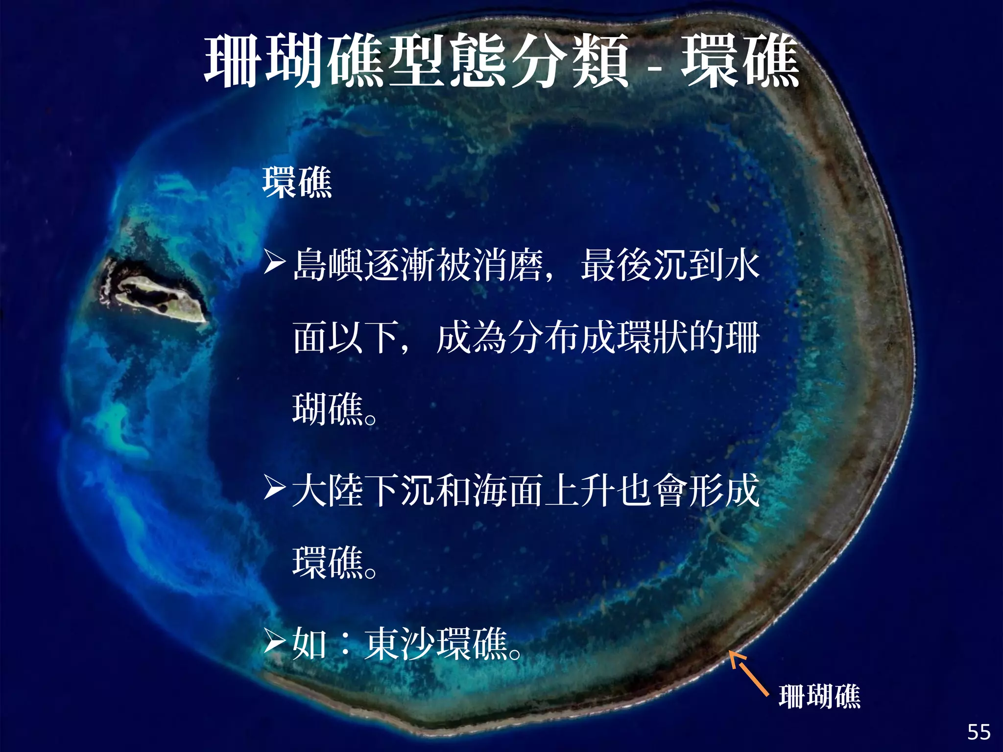 55
環礁
島嶼逐漸被消磨，最後 到水沉
面以下，成為分布成環狀的珊
瑚礁。
大陸下 和海面上升也會形成沉
環礁。
如：東沙環礁。
珊瑚礁
珊瑚礁型態分類 - 環礁
 