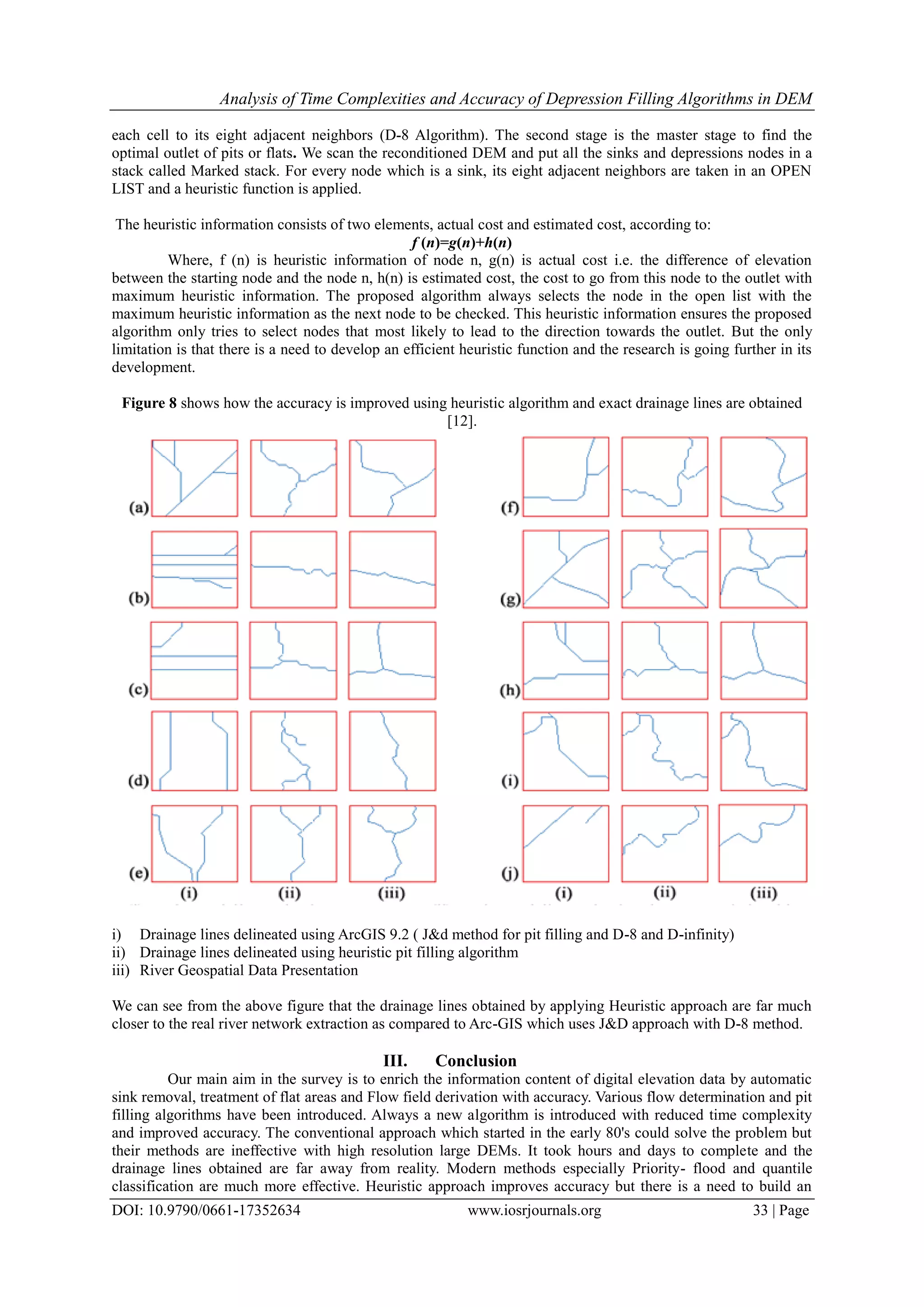 Analysis of Time Complexities and Accuracy of Depression Filling Algorithms in DEM
DOI: 10.9790/0661-17352634 www.iosrjournals.org 33 | Page
each cell to its eight adjacent neighbors (D-8 Algorithm). The second stage is the master stage to find the
optimal outlet of pits or flats. We scan the reconditioned DEM and put all the sinks and depressions nodes in a
stack called Marked stack. For every node which is a sink, its eight adjacent neighbors are taken in an OPEN
LIST and a heuristic function is applied.
The heuristic information consists of two elements, actual cost and estimated cost, according to:
f (n)=g(n)+h(n)
Where, f (n) is heuristic information of node n, g(n) is actual cost i.e. the difference of elevation
between the starting node and the node n, h(n) is estimated cost, the cost to go from this node to the outlet with
maximum heuristic information. The proposed algorithm always selects the node in the open list with the
maximum heuristic information as the next node to be checked. This heuristic information ensures the proposed
algorithm only tries to select nodes that most likely to lead to the direction towards the outlet. But the only
limitation is that there is a need to develop an efficient heuristic function and the research is going further in its
development.
Figure 8 shows how the accuracy is improved using heuristic algorithm and exact drainage lines are obtained
[12].
i) Drainage lines delineated using ArcGIS 9.2 ( J&d method for pit filling and D-8 and D-infinity)
ii) Drainage lines delineated using heuristic pit filling algorithm
iii) River Geospatial Data Presentation
We can see from the above figure that the drainage lines obtained by applying Heuristic approach are far much
closer to the real river network extraction as compared to Arc-GIS which uses J&D approach with D-8 method.
III. Conclusion
Our main aim in the survey is to enrich the information content of digital elevation data by automatic
sink removal, treatment of flat areas and Flow field derivation with accuracy. Various flow determination and pit
filling algorithms have been introduced. Always a new algorithm is introduced with reduced time complexity
and improved accuracy. The conventional approach which started in the early 80's could solve the problem but
their methods are ineffective with high resolution large DEMs. It took hours and days to complete and the
drainage lines obtained are far away from reality. Modern methods especially Priority- flood and quantile
classification are much more effective. Heuristic approach improves accuracy but there is a need to build an
 