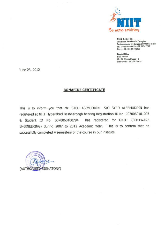 NIIT Bonafide Certificate | PDF