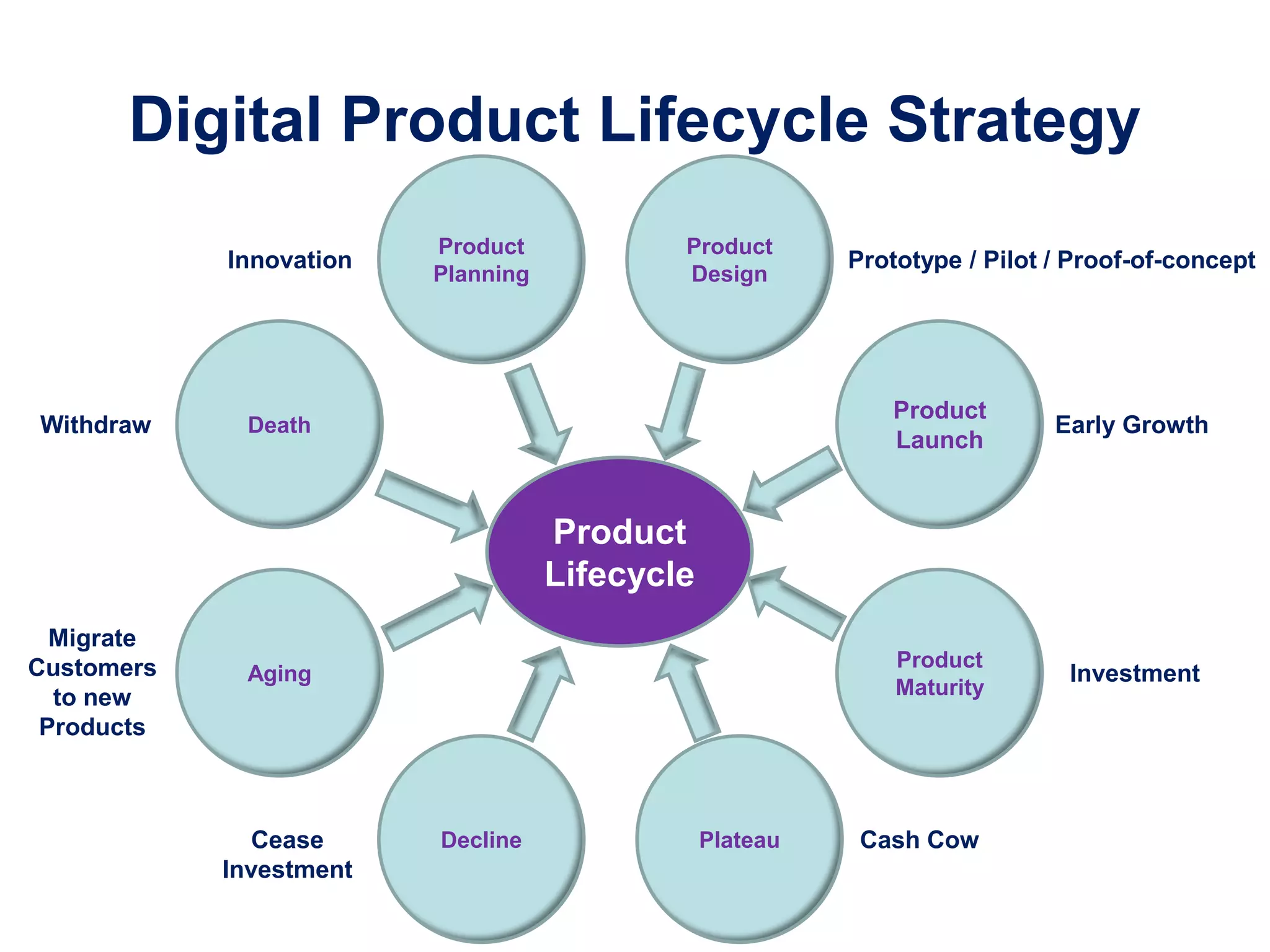 Digital Product Lifecycle Strategy
Investment
Product
Lifecycle
Product
Design
Product
Launch
Product
Planning
Death
Plateau
Product
Maturity
Decline
Aging
Early Growth
Migrate
Customers
to new
Products
Withdraw
Innovation Prototype / Pilot / Proof-of-concept
Cash CowCease
Investment
 