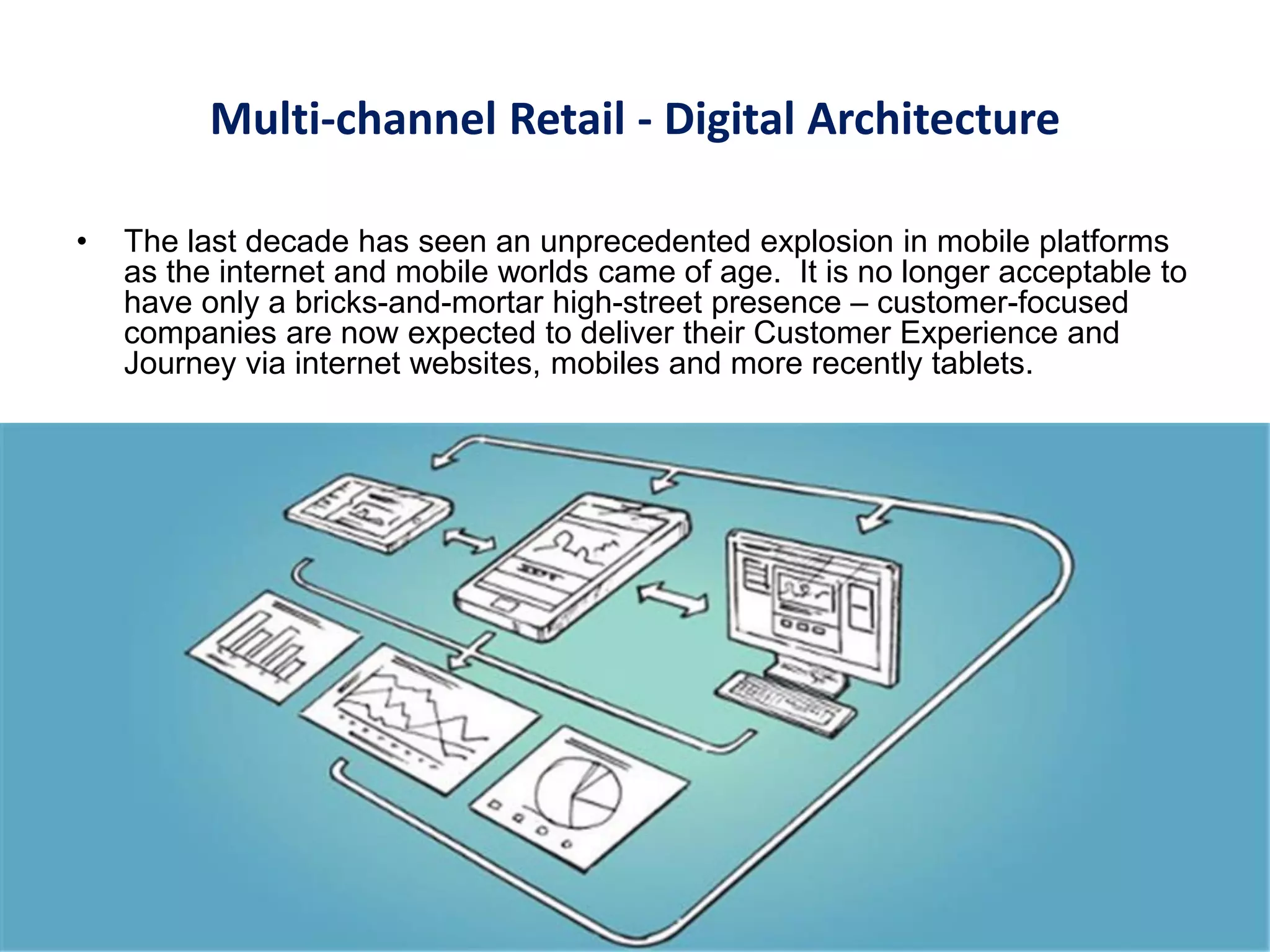 Multi-channel Retail - Digital Architecture
• The last decade has seen an unprecedented explosion in mobile platforms
as the internet and mobile worlds came of age. It is no longer acceptable to
have only a bricks-and-mortar high-street presence – customer-focused
companies are now expected to deliver their Customer Experience and
Journey via internet websites, mobiles and more recently tablets.
 