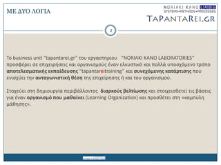 MΔ ΓΤΟ ΛΟΓΙΑ
2
To business unit “tapantarei.gr” του εργαςτθρίου “NORIAKI KANO LABORATORIES“
προςφζρει ςε επιχειριςεισ και οργανιςμοφσ ζναν ελκυςτικό και πολλά υποςχόμενο τρόπο
αποτελεςματικήσ εκπαίδευςησ “tapantareitraining” και ςυνεχόμενησ κατάρτιςησ που
ενιςχφει τθν ανταγωνιςτική θζςη τθσ επιχείρθςθσ ι και του οργανιςμοφ.
΢τοχεφει ςτθ δθμιουργία περιβάλλοντοσ διαρκοφσ βελτίωςησ και ςτοιχειοκετεί τισ βάςεισ
για ζναν οργανιςμό που μαθαίνει (Learning Organization) και προςκζτει ςτθ «καμπφλθ
μάκθςθσ».
 