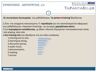 ΢ΤΝΙ΢ΣΩ΢Δ΢ ΛΔΙΣΟΤΡΓΙΑ΢ 1/2
3
Οι ςυνιςτώςεσ λειτουργίασ τθσ μεκοδολογίασ “ta pantareitraining”βαςίηονται
1.΢τθν πιο ςφγχρονθ απαιτοφμενθ Ι.Σ. τεχνολογία για τθν αποτελεςματικι εφαρμογι
των μεκοδολογιών «tapantareitraining» με ςυνεχώσ χαμηλότερα κόςτη.
2.΢το περιεχόμενο εκπαίδευςησ με βάςθ «ζξυπνα δομθμζνα» οπτικοακουςτικό υλικό,
role playing, tests κλπ.
3.΢το training mix που βαςίηεται ςτθ πιο κάτω αναλογία:
1.training one to one,
2.learning by doing,
3.discussion group,
4.audio visual,
5.demonstration,
6.reading,
7.lecture
 