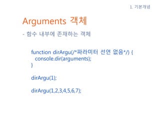 Arguments 객체
- 함수 내부에 존재하는 객체
function dirArgu(/*파라미터 선언 없음*/) {
console.dir(arguments);
}
dirArgu(1);
dirArgu(1,2,3,4,5,6,7);
1. 기본개념
 