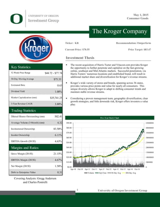 1 University of Oregon Investment Group
Covering Analysts: Gregg Anderson
and Charles Pontrelli
May 1, 2015
Consumer Goods
Investment Thesis
The recent acquisition of Harris Teeter and Vitacost.com provides Kroger
the opportunity to further penetrate and capitalize on the fast-growing
online, southeast and Mid-Atlantic markets. Successful penetration, via
Harris Teeters’ numerous locations and established brand, will result in
additional market share and diversification for Kroger’s revenue streams.
Kroger’s wide variety of stores and brands, spanning across 36 states,
provides various price points and value for nearly all consumers. This
unique diversity allows Kroger to adapt to shifting consumer trends and
maintain stable revenue streams.
Considering a proven management team, geographic diversification, clear
growth strategies, and little downside risk, Kroger offers investors a value
play.
The Kroger Company
Ticker: KR
Current Price: $70.55
Recommendation: Outperform
Price Target: $83.47
Five-Year Stock Chart
0
5000000
10000000
15000000
20000000
25000000
30000000
35000000
40000000
45000000
$0.00
$10.00
$20.00
$30.00
$40.00
$50.00
$60.00
$70.00
$80.00
$90.00
Apr-10 Oct-10 Apr-11 Oct-11 Apr-12 Oct-12 Apr-13 Oct-13 Apr-14 Oct-14
Volume Adj Close 50-Day Avg 200-Day Avg
Key Statistics
52 Week Price Range $44.72 - $77.74
50-Day Moving Average $75.33
Estimated Beta 0.63
Dividend Yield 1.00%
Market Capitalization (mm) $35,741.25
3-Year Revenue CAGR 3.88%
Trading Statistics
Diluted Shares Outstanding (mm) 502.41
Average Volume (3-Month) (mm) 4.32
Institutional Ownership 83.50%
Insider Ownership 6.11%
EBITDA Growth (2015E) 4.63%
Margins and Ratios
Gross Margin (2015E) 21.15%
EBITDA Margin (2015E) 4.67%
Net Margin (2015E) 1.58%
Debt to Enterprise Value 0.31
 