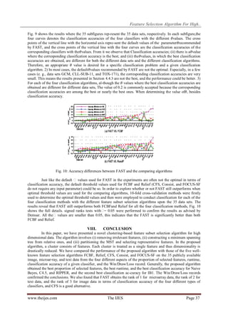 Feature Selection Algorithm For High..
Fig. 9 shows the results where the 35 subfigures rep-resent the 35 data sets, respectively. In each subfigure,the
four curves denotes the classification accuracies of the four classifiers with the different 𝜃values. The cross
points of the vertical line with the horizontal axis repre-sent the default values of the parameter𝜃recommended
by FAST, and the cross points of the vertical line with the four curves are the classification accuracies of the
corresponding classifiers with the𝜃values. From it we observe that:Classification accuracies; (ii) there is a𝜃value
where the corresponding classification accuracy is the best; and (iii) the𝜃values, in which the best classification
accuracies are obtained, are different for both the different data sets and the different classification algorithms.
Therefore, an appropriate 𝜃 value is desired for a specific classification problem and a given classification
algorithm. 2) In most cases, the default𝜃values recommended by FAST are not the optimal. Especially, in a few
cases (e. g., data sets GCM, CLL-SUB-11, and TOX-171), the corresponding classification accuracies are very
small. This means the results presented in Section 4.4.3 are not the best, and the performance could be better. 3)
For each of the four classification algorithms, al-though the 𝜃 values where the best classification accuracies are
obtained are different for different data sets, The value of 0.2 is commonly accepted because the corresponding
classification accuracies are among the best or nearly the best ones. When determining the value of𝜃, besides
classification accuracy.

Fig. 10: Accuracy differences between FAST and the comparing algorithms
Just like the default � values used for FAST in the experiments are often not the optimal in terms of
classification accuracy, the default threshold values used for FCBF and Relief (CFS, Consist, and FOCUS-SF
do not require any input parameter) could be so. In order to explore whether or not FAST still outperforms when
optimal threshold values are used for the comparing algorithms, 10-fold cross-validation methods were firstly
used to determine the optimal threshold values and then were employed to conduct classification for each of the
four classification methods with the different feature subset selection algorithms upon the 35 data sets. The
results reveal that FAST still outperforms both FCBFand Relief for all the four classification methods, Fig. 10
shows the full details. signed ranks tests with� 0.05 were performed to confirm the results as advised by
=
Demsar. All the� values are smaller than 0.05, this indicates that the FAST is significantly better than both
FCBF and Relief.

VIII.

CONCLUSION

In this paper, we have presented a novel clustering-based feature subset selection algorithm for high
dimensional data. The algorithm involves (i) removing irrelevant features, (ii) constructing a minimum spanning
tree from relative ones, and (iii) partitioning the MST and selecting representative features. In the proposed
algorithm, a cluster consists of features. Each cluster is treated as a single feature and thus dimensionality is
drastically reduced. We have compared the performance of the proposed algorithm with those of the five wellknown feature selection algorithms FCBF, Relief, CFS, Consist, and FOCUS-SF on the 35 publicly available
image, microar-ray, and text data from the four different aspects of the proportion of selected features, runtime,
classification accuracy of a given classifier, and the Win/Draw/Loss record. Generally, the proposed algorithm
obtained the best proportion of selected features, the best runtime, and the best classification accuracy for Naive
Bayes, C4.5, and RIPPER, and the second best classification ac-curacy for IB1. The Win/Draw/Loss records
confirmed the conclusions. We also found that FAST obtains the rank of 1 for microarray data, the rank of 2 for
text data, and the rank of 3 for image data in terms of classification accuracy of the four different types of
classifiers, and CFS is a good alternative.

www.theijes.com

The IJES

Page 37

 
