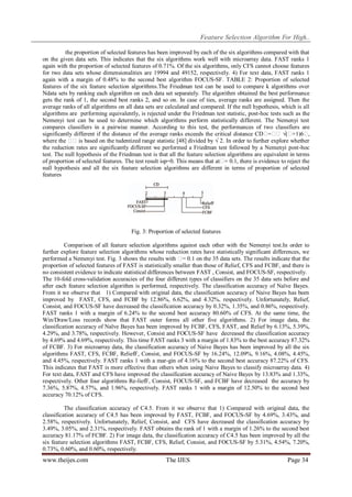 Feature Selection Algorithm For High..
the proportion of selected features has been improved by each of the six algorithms compared with that
on the given data sets. This indicates that the six algorithms work well with microarray data. FAST ranks 1
again with the proportion of selected features of 0.71%. Of the six algorithms, only CFS cannot choose features
for two data sets whose dimensionalities are 19994 and 49152, respectively. 4) For text data, FAST ranks 1
again with a margin of 0.48% to the second best algorithm FOCUS-SF. TABLE 2: Proportion of selected
features of the six feature selection algorithms.The Friedman test can be used to compare k algorithms over
Ndata sets by ranking each algorithm on each data set separately. The algorithm obtained the best performance
gets the rank of 1, the second best ranks 2, and so on. In case of ties, average ranks are assigned. Then the
average ranks of all algorithms on all data sets are calculated and compared. If the null hypothesis, which is all
algorithms are performing equivalently, is rejected under the Friedman test statistic, post-hoc tests such as the
Nemenyi test can be used to determine which algorithms perform statistically different. The Nemenyi test
compares classifiers in a pairwise manner. According to this test, the performances of two classifiers are
significantly different if the distance of the average ranks exceeds the critical distance CD� � √(�
=�
+1)6�
,
where the � is based on the tudentized range statistic [48] divided by √ 2. In order to further explore whether
�
the reduction rates are significantly different we performed a Friedman test followed by a Nemenyi post-hoc
test. The null hypothesis of the Friedman test is that all the feature selection algorithms are equivalent in terms
of proportion of selected features. The test result isp=0. This means that at� 0.1, there is evidence to reject the
=
null hypothesis and all the six feature selection algorithms are different in terms of proportion of selected
features

Fig. 3: Proportion of selected features
Comparison of all feature selection algorithms against each other with the Nemenyi test.In order to
further explore feature selection algorithms whose reduction rates have statistically significant differences, we
performed a Nemenyi test. Fig. 3 shows the results with � 0.1 on the 35 data sets. The results indicate that the
=
proportion of selected features of FAST is statistically smaller than those of Relief, CFS and FCBF, and there is
no consistent evidence to indicate statistical differences between FAST , Consist, and FOCUS-SF, respectively.
The 10-fold cross-validation accuracies of the four different types of classifiers on the 35 data sets before and
after each feature selection algorithm is performed, respectively. The classification accuracy of Naïve Bayes.
From it we observe that 1) Compared with original data, the classification accuracy of Naive Bayes has been
improved by FAST, CFS, and FCBF by 12.86%, 6.62%, and 4.32%, respectively. Unfortunately, Relief,
Consist, and FOCUS-SF have decreased the classification accuracy by 0.32%, 1.35%, and 0.86%, respectively.
FAST ranks 1 with a margin of 6.24% to the second best accuracy 80.60% of CFS. At the same time, the
Win/Draw/Loss records show that FAST outer forms all other five algorithms. 2) For image data, the
classification accuracy of Naïve Bayes has been improved by FCBF, CFS, FAST, and Relief by 6.13%, 5.39%,
4.29%, and 3.78%, respectively. However, Consist and FOCUS-SF have decreased the classification accuracy
by 4.69% and 4.69%, respectively. This time FAST ranks 3 with a margin of 1.83% to the best accuracy 87.32%
of FCBF. 3) For microarray data, the classification accuracy of Naive Bayes has been improved by all the six
algorithms FAST, CFS, FCBF, ReliefF, Consist, and FOCUS-SF by 16.24%, 12.09%, 9.16%, 4.08%, 4.45%,
and 4.45%, respectively. FAST ranks 1 with a mar-gin of 4.16% to the second best accuracy 87.22% of CFS.
This indicates that FAST is more effective than others when using Naive Bayes to classify microarray data. 4)
For text data, FAST and CFS have improved the classification accuracy of Naive Bayes by 13.83% and 1.33%,
respectively. Other four algorithms Re-liefF, Consist, FOCUS-SF, and FCBF have decreased the accuracy by
7.36%, 5.87%, 4.57%, and 1.96%, respectively. FAST ranks 1 with a margin of 12.50% to the second best
accuracy 70.12% of CFS.
The classification accuracy of C4.5. From it we observe that 1) Compared with original data, the
classification accuracy of C4.5 has been improved by FAST, FCBF, and FOCUS-SF by 4.69%, 3.43%, and
2.58%, respectively. Unfortunately, Relief, Consist, and CFS have decreased the classification accuracy by
3.49%, 3.05%, and 2.31%, respectively. FAST obtains the rank of 1 with a margin of 1.26% to the second best
accuracy 81.17% of FCBF. 2) For image data, the classification accuracy of C4.5 has been improved by all the
six feature selection algorithms FAST, FCBF, CFS, Relief, Consist, and FOCUS-SF by 5.31%, 4.54%, 7.20%,
0.73%, 0.60%, and 0.60%, respectively.

www.theijes.com

The IJES

Page 34

 