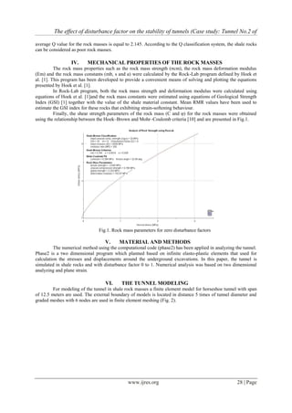 The effect of disturbance factor on the stability of tunnels (Case study: Tunnel No.2 of
www.ijres.org 28 | Page
average Q value for the rock masses is equal to 2.145. According to the Q classification system, the shale rocks
can be considered as poor rock masses.
IV. MECHANICAL PROPERTIES OF THE ROCK MASSES
The rock mass properties such as the rock mass strength (σcm), the rock mass deformation modulus
(Em) and the rock mass constants (mb, s and a) were calculated by the Rock-Lab program defined by Hoek et
al. [1]. This program has been developed to provide a convenient means of solving and plotting the equations
presented by Hoek et al. [1].
In Rock-Lab program, both the rock mass strength and deformation modulus were calculated using
equations of Hoek et al. [1]and the rock mass constants were estimated using equations of Geological Strength
Index (GSI) [1] together with the value of the shale material constant. Mean RMR values have been used to
estimate the GSI index for these rocks that exhibiting strain-softening behaviour.
Finally, the shear strength parameters of the rock mass (C and φ) for the rock masses were obtained
using the relationship between the Hoek–Brown and Mohr–Coulomb criteria [10] and are presented in Fig.1.
Fig.1. Rock mass parameters for zero disturbance factors
V. MATERIAL AND METHODS
The numerical method using the computational code (phase2) has been applied in analyzing the tunnel.
Phase2 is a two dimensional program which planned based on infinite elasto-plastic elements that used for
calculation the stresses and displacements around the underground excavations. In this paper, the tunnel is
simulated in shale rocks and with disturbance factor 0 to 1. Numerical analysis was based on two dimensional
analyzing and plane strain.
VI. THE TUNNEL MODELING
For modeling of the tunnel in shale rock masses a finite element model for horseshoe tunnel with span
of 12.5 meters are used. The external boundary of models is located in distance 5 times of tunnel diameter and
graded meshes with 6 nodes are used in finite element meshing (Fig. 2).
 