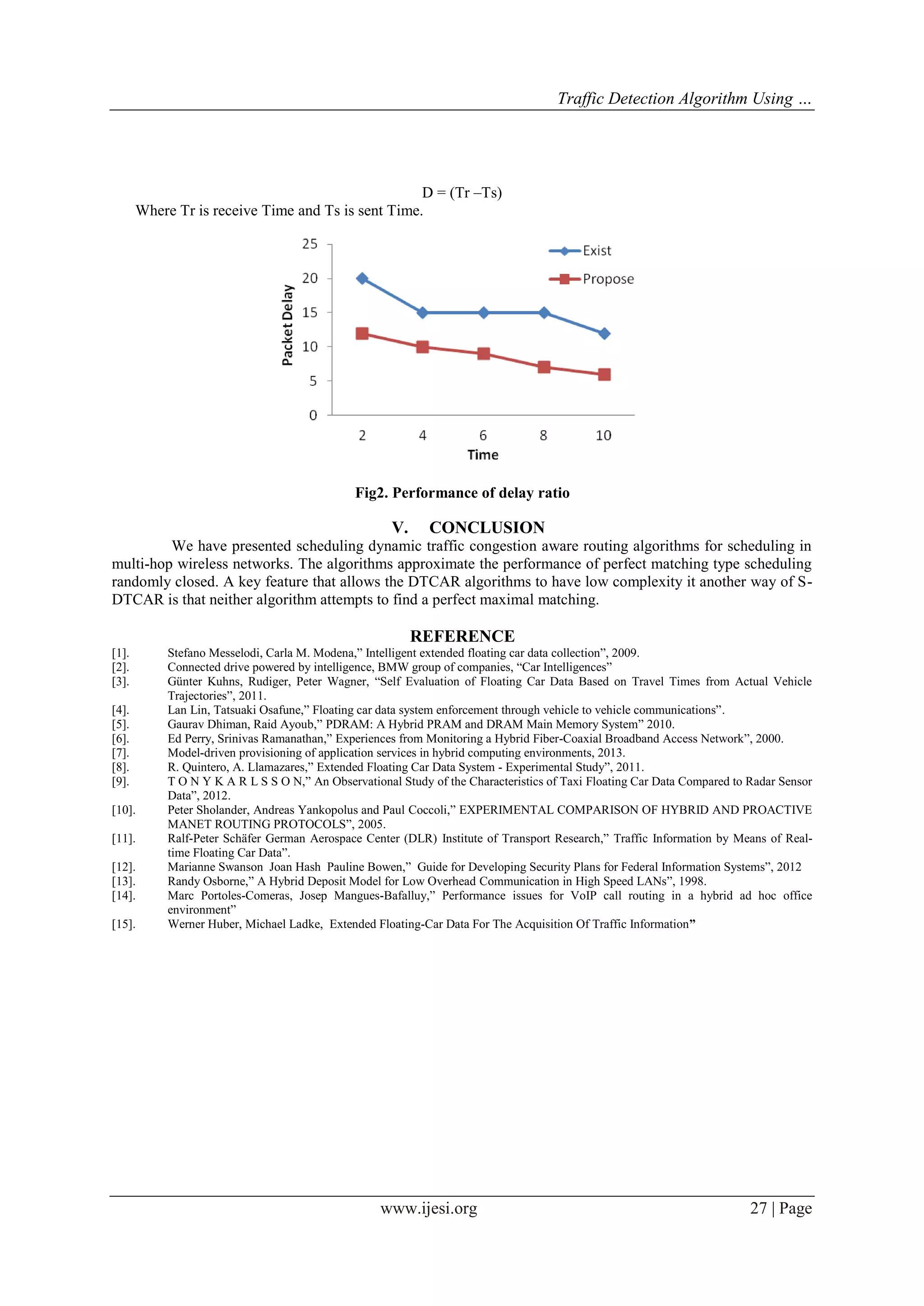 Traffic Detection Algorithm Using …

D = (Tr –Ts)
Where Tr is receive Time and Ts is sent Time.

Fig2. Performance of delay ratio

V.

CONCLUSION

We have presented scheduling dynamic traffic congestion aware routing algorithms for scheduling in
multi-hop wireless networks. The algorithms approximate the performance of perfect matching type scheduling
randomly closed. A key feature that allows the DTCAR algorithms to have low complexity it another way of SDTCAR is that neither algorithm attempts to find a perfect maximal matching.

REFERENCE
[1].
[2].
[3].
[4].
[5].
[6].
[7].
[8].
[9].
[10].
[11].
[12].
[13].
[14].
[15].

Stefano Messelodi, Carla M. Modena,” Intelligent extended floating car data collection”, 2009.
Connected drive powered by intelligence, BMW group of companies, “Car Intelligences”
Günter Kuhns, Rudiger, Peter Wagner, “Self Evaluation of Floating Car Data Based on Travel Times from Actual Vehicle
Trajectories”, 2011.
Lan Lin, Tatsuaki Osafune,” Floating car data system enforcement through vehicle to vehicle communications”.
Gaurav Dhiman, Raid Ayoub,” PDRAM: A Hybrid PRAM and DRAM Main Memory System” 2010.
Ed Perry, Srinivas Ramanathan,” Experiences from Monitoring a Hybrid Fiber-Coaxial Broadband Access Network”, 2000.
Model-driven provisioning of application services in hybrid computing environments, 2013.
R. Quintero, A. Llamazares,” Extended Floating Car Data System - Experimental Study”, 2011.
T O N Y K A R L S S O N,” An Observational Study of the Characteristics of Taxi Floating Car Data Compared to Radar Sensor
Data”, 2012.
Peter Sholander, Andreas Yankopolus and Paul Coccoli,” EXPERIMENTAL COMPARISON OF HYBRID AND PROACTIVE
MANET ROUTING PROTOCOLS”, 2005.
Ralf-Peter Schäfer German Aerospace Center (DLR) Institute of Transport Research,” Traffic Information by Means of Realtime Floating Car Data”.
Marianne Swanson Joan Hash Pauline Bowen,” Guide for Developing Security Plans for Federal Information Systems”, 2012
Randy Osborne,” A Hybrid Deposit Model for Low Overhead Communication in High Speed LANs”, 1998.
Marc Portoles-Comeras, Josep Mangues-Bafalluy,” Performance issues for VoIP call routing in a hybrid ad hoc office
environment”
Werner Huber, Michael Ladke, Extended Floating-Car Data For The Acquisition Of Traffic Information”

www.ijesi.org

27 | Page

 