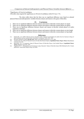 Comparison of Selected Anthropometric and Physical Fitness Variables between Offencive …..
DOI: 10.9790/6737-0221819 www.iosrjournals.org 19 | Page
*Significant at .05 level of confidence.
(The table value required for significance at .05 level of confidence with df 18 was 1.73).
The above table shows that the there was no significant difference were found on selected
physical fitness and anthropometric variables between chasers and runners in the game of Kho-Kho.
IV. Conclusions
1. There was no significant difference between chasers and runners in kho-kho woman players on speed.
2. There was no significant difference between chasers and runners in kho-kho woman players on agility.
3. There was no significant difference between chasers and runners in kho-kho woman players on cardio
respiratory endurance.
4. There was no significant difference between chasers and runners in kho-kho woman players on arm length.
5. There was no significant difference between chasers and runners in kho-kho woman players on leg length.
References
[1]. Haskell WL, et al. (2007). Physical activity and public health: Updated recommendation for adults from the American College of
Sports Medicine and the American Heart Association. Circulation, 116(9): 1081–1093.
[2]. Kho-Kho federation of India, kho-kho rules, Indore: Sarvotham Printing Press, 16:19, 1986.
[3]. Ananda kumar, M., Effect Of Selected Exercise On Kho-Kho Related Agility, Unpublished Master Degree Thesis, Bharathidasan
University, 30, 1997.
[4]. Basavaraju, T.R., A Comparative Study Of Physical Fitness Of Kho-Kho Players And Football Players, Unpublished Master
Thesis, Bangalore University, 1995.
[5]. Waghchore M. T., “Measurements and Evaluations in phys Education” (Study of Kho-Kho Game) 2006 Published by M/s. Friends
publication, Ansari Road, Dharya Gang, New Delhi.
 
