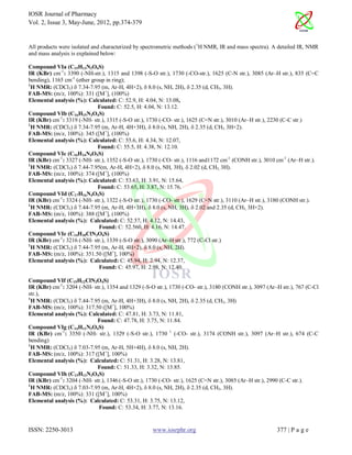 IOSR Journal of Pharmacy
Vol. 2, Issue 3, May-June, 2012, pp.374-379


All products were isolated and characterized by spectrometric methods ( 1H NMR, IR and mass spectra). A detailed IR, NMR
and mass analysis is explained below:

Compound VIa (C15H13N3O4S)
IR (KBr) cm-1: 3390 (-NH-str.), 1315 and 1398 (-S-O str.), 1730 (-CO-str.), 1625 (C-N str.), 3085 (Ar–H str.), 835 (C=C
bending), 1165 cm-1 (ether group in ring);
1
  H NMR: (CDCl3)  7.34-7.95 (m, Ar-H, 4H×2),  8.0 (s, NH, 2H),  2.35 (d, CH3, 3H).
FAB-MS: (m/z, 100%): 331 ([M+], (100%)
Elemental analysis (%): Calculated: C: 52.9, H: 4.04, N: 13.08,
                              Found: C: 52.5, H: 4.04, N: 13.12.
Compound VIb (C16H15N3O4S)
IR (KBr) cm-1: 3319 (-NH- str.), 1315 (-S-O str.), 1730 (-CO- str.), 1625 (C=N str.), 3010 (Ar–H str.), 2230 (C-C str.)
1
  H NMR: (CDCl3)  7.34-7.95 (m, Ar-H, 4H+3H),  8.0 (s, NH, 2H),  2.35 (d, CH3, 3H×2).
FAB-MS: (m/z, 100%): 345 ([M+], (100%)
Elemental analysis (%): Calculated: C: 55.6, H: 4.34, N: 12.07,
                              Found: C: 55.5, H: 4.38, N: 12.10.
Compound VIc (C16H14N4O5S)
IR (KBr) cm-1: 3327 (-NH- str.), 1352 (-S-O str.), 1730 (-CO- str.), 1116 and1172 cm-1 (CONH str.), 3010 cm-1 (Ar–H str.).
1
  H NMR: (CDCl3)  7.44-7.95(m, Ar-H, 4H×2),  8.0 (s, NH, 3H),  2.02 (d, CH3, 3H).
FAB-MS: (m/z, 100%): 374 ([M+], (100%)
Elemental analysis (%): Calculated: C: 53.63, H: 3.91, N: 15.64,
                              Found: C: 53.65, H: 3.87, N: 15.76.
Compound VId (C17H16N4O5S)
IR (KBr) cm-1: 3324 (-NH- str.), 1322 (-S-O str.), 1730 (-CO- str.), 1629 (C=N str.), 3110 (Ar–H str.), 3180 (CONH str.).
1
  H NMR: (CDCl3)  7.44-7.95 (m, Ar-H, 4H+3H),  8.0 (s, NH, 3H),  2.02 and 2.35 (d, CH3, 3H×2).
FAB-MS: (m/z, 100%): 388 ([M+], (100%)
Elemental analysis (%): Calculated: C: 52.57, H: 4.12, N: 14.43,
                              Found: C: 52.560, H: 4.16, N: 14.47.
Compound VIe (C14H10ClN3O4S)
IR (KBr) cm-1: 3216 (-NH- str.), 1339 (-S-O str.), 3090 (Ar–H str.), 772 (C-Cl str.)
1
  H NMR: (CDCl3)  7.44-7.95 (m, Ar-H, 4H×2),  8.0 (s, NH, 2H).
FAB-MS: (m/z, 100%): 351.50 ([M+], 100%)
Elemental analysis (%): Calculated: C: 45.94, H: 2.94, N: 12.37,
                              Found: C: 45.97, H: 2.98, N: 12.40.

Compound VIf (C15H12ClN3O4S)
IR (KBr) cm-1: 3204 (-NH- str.), 1354 and 1329 (-S-O str.), 1730 (-CO- str.), 3180 (CONH str.), 3097 (Ar–H str.), 767 (C-Cl
str.),
1
  H NMR: (CDCl3)  7.44-7.95 (m, Ar-H, 4H+3H),  8.0 (s, NH, 2H),  2.35 (d, CH3, 3H)
FAB-MS: (m/z, 100%): 317.50 ([M+], 100%)
Elemental analysis (%): Calculated: C: 47.81, H: 3.73, N: 11.81,
                            Found: C: 47.78, H: 3.75, N: 11.84.
Compound VIg (C14H11N3O4S)
IR (KBr) cm-1: 3350 (-NH- str.), 1329 (-S-O str.), 1730 1 (-CO- str.), 3174 (CONH str.), 3097 (Ar–H str.), 674 (C-C
bending)
1
  H NMR: (CDCl3)  7.03-7.95 (m, Ar-H, 5H+4H),  8.0 (s, NH, 2H).
FAB-MS: (m/z, 100%): 317 ([M+], 100%)
Elemental analysis (%): Calculated: C: 51.31, H: 3.28, N: 13.81,
                            Found: C: 51.33, H: 3.32, N: 13.85.
Compound VIh (C15H13N3O4S)
IR (KBr) cm-1: 3204 (-NH- str.), 1346 (-S-O str.), 1730 (-CO- str.), 1625 (C=N str.), 3085 (Ar–H str.), 2990 (C-C str.).
1
  H NMR: (CDCl3)  7.03-7.95 (m, Ar-H, 4H×2),  8.0 (s, NH, 2H),  2.35 (d, CH3, 3H).
FAB-MS: (m/z, 100%): 331 ([M+], 100%)
Elemental analysis (%): Calculated: C: 53.31, H: 3.75, N: 13.12,
                            Found: C: 53.34, H: 3.77, N: 13.16.


ISSN: 2250-3013                                     www.iosrphr.org                                      377 | P a g e
 