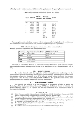 Metoclopramide – nitrite reaction. Validation of its application to the spectrophotometric analysis …

                         Table 5: Metoclopramide determination by HPLC-UV method.


                                                  CONC. Recovery
                            RUN SIGNAL                                   %Rec
                                                  [mg/mL] [mgCFX/tablet]


                            Std      3051.6       1.00         -
                            1        3114.5       1.02         10.21             102.07
                            2        3074.9       1.01         10.08             100.77
                            3        3013.1       1.01         9.87              98.75
                            4        3082.1       1.01         10.10             101.01
                            5        3031.15      1.01         9.93              99.34
                            6        3068.5       1.01         10.06             100.56
                                                               M                 100.42
                                                               SD                1.20
                                                               RSD%              1.19


   The spectrophotometric method was compared with the reference method using the F test for precisions and
the t test for means, Table 6. Calculations were performed using Microsoft Excel ® spreadsheet.

                   Table 6: Statistical comparison between proposed and reference methods.
Values in parentheses correspond to those tabulated for p = 0.05.

               Parameter        Spectrophotometric Method            HPLC-UV Method
                X ± SD          9.925 ± 0.077                        10.042 ± 0.123
               RSD%             0.776                                1.225
               S2               0.00591                              0.01510
               F test           2.554 (5.050)
               t test           1.972 (2.228)

   Statistically, it is found that there are no significant differences between the results obtained using the
spectrophotometric method and the reference method for the determination of MCP, with a confidence level of
95%.

                                            IV.      CONCLUSIONS
         The results obtained enable the application of this spectrophotometric methodology for the
quantification of the active ingredient in pharmaceutical tablets containing metoclopramide as a single drug,
with accuracy and precision comparable to the HPLC reference method, without interference from common
excipients and within the range established by the USP and ANMAT. The spectrophotometric method offers
several advantages such as shorter time analysis, lower cost and simplicity.

                                     V.        ACKNOWLEDGEMENTS
        This research was supported by a grant co-financed by the General Secretary of Science and
Technology of the Northeastern National University (UNNE) and the National Council of Scientific and
Technical Research (CONICET) of Argentina, and with the collaboration of the Pharmaceutical Plant of
Corrientes (PLAMECOR).

                                                  REFERENCES
  [1]   British Pharmacopoeia (Her Majesty’s Stationary Office, London. 2009)[2] United States Pharmacopeia XXXII,
        National Formulary XXVII, US Pharmacopeial Convention, (Rockville, Maryland, 2008).
  [3]   Farmacopea Argentina. Octava Edición. Administración Nacional de Alimentos, Medicamentos y Tecnología
        Médica (Imprenta del Congreso de la Nación, Buenos Aires, Argentina, 2012).
  [4]   D. Pitrè, and R. Stradi, Metoclopramide hydrochloride. In: K. Florey (Ed.), Analytical proﬁles of drug substances,
        16 (San Diego, USA: Academic Press., 1987). 327 - 360.
  [5]   R. J. Prankerd, Profiles of Drug Substances, Excipients, and Related Methodology, 33 (Edited by
        H. G. Brittain, 2007).
  [6]   A. Korolkovas, Dicionário Terapêutico Guanabara 2012/2013(Ed. Guanabara Koogan, 2012).

                                                          33
 