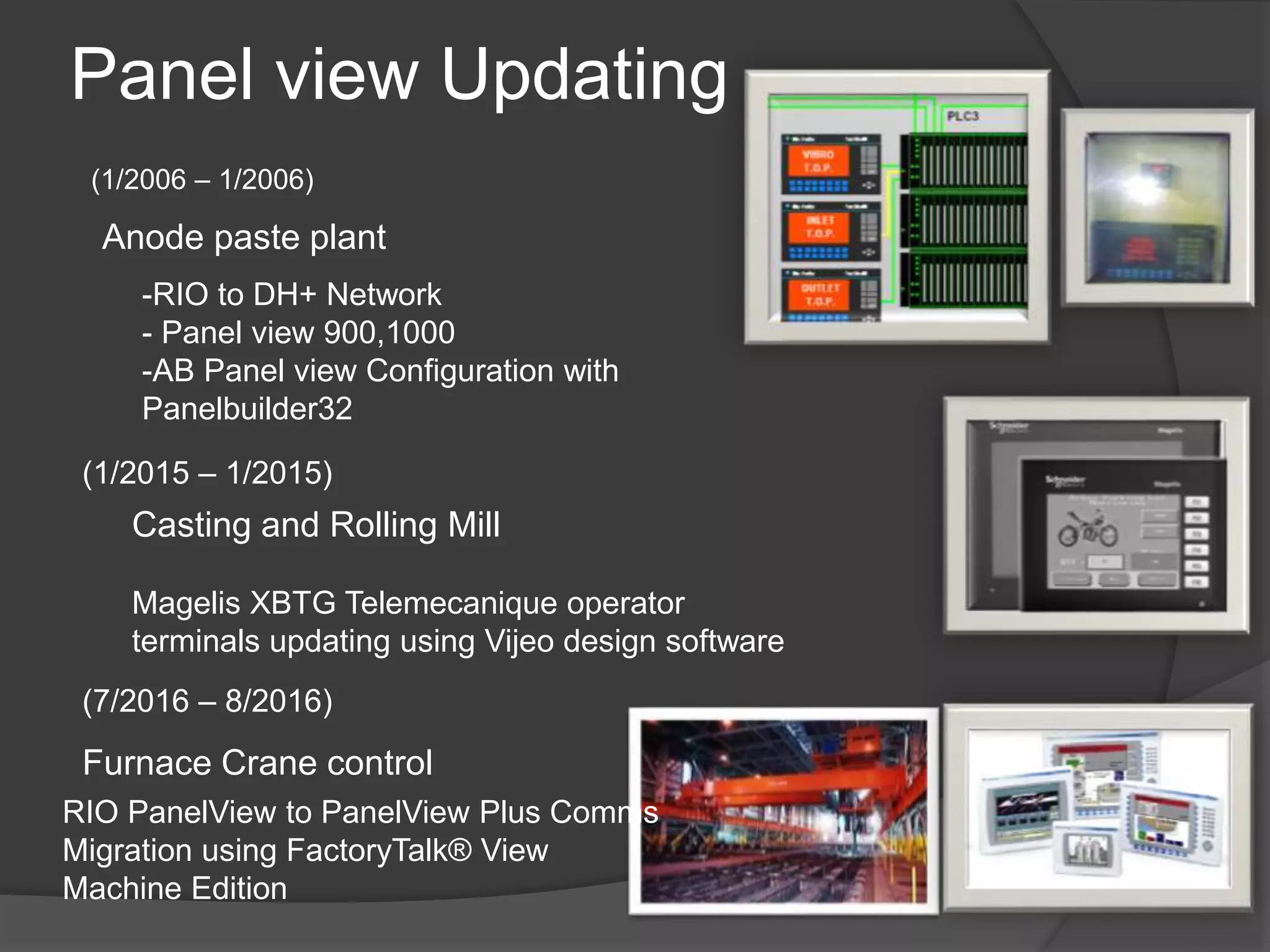 Panel view Updating
(1/2006 – 1/2006)
-RIO to DH+ Network
- Panel view 900,1000
-AB Panel view Configuration with
Panelbuilder32
Casting and Rolling Mill
Magelis XBTG Telemecanique operator
terminals updating using Vijeo design software
(1/2015 – 1/2015)
(7/2016 – 8/2016)
RIO PanelView to PanelView Plus Comms
Migration using FactoryTalk® View
Machine Edition
Furnace Crane control
Anode paste plant
 