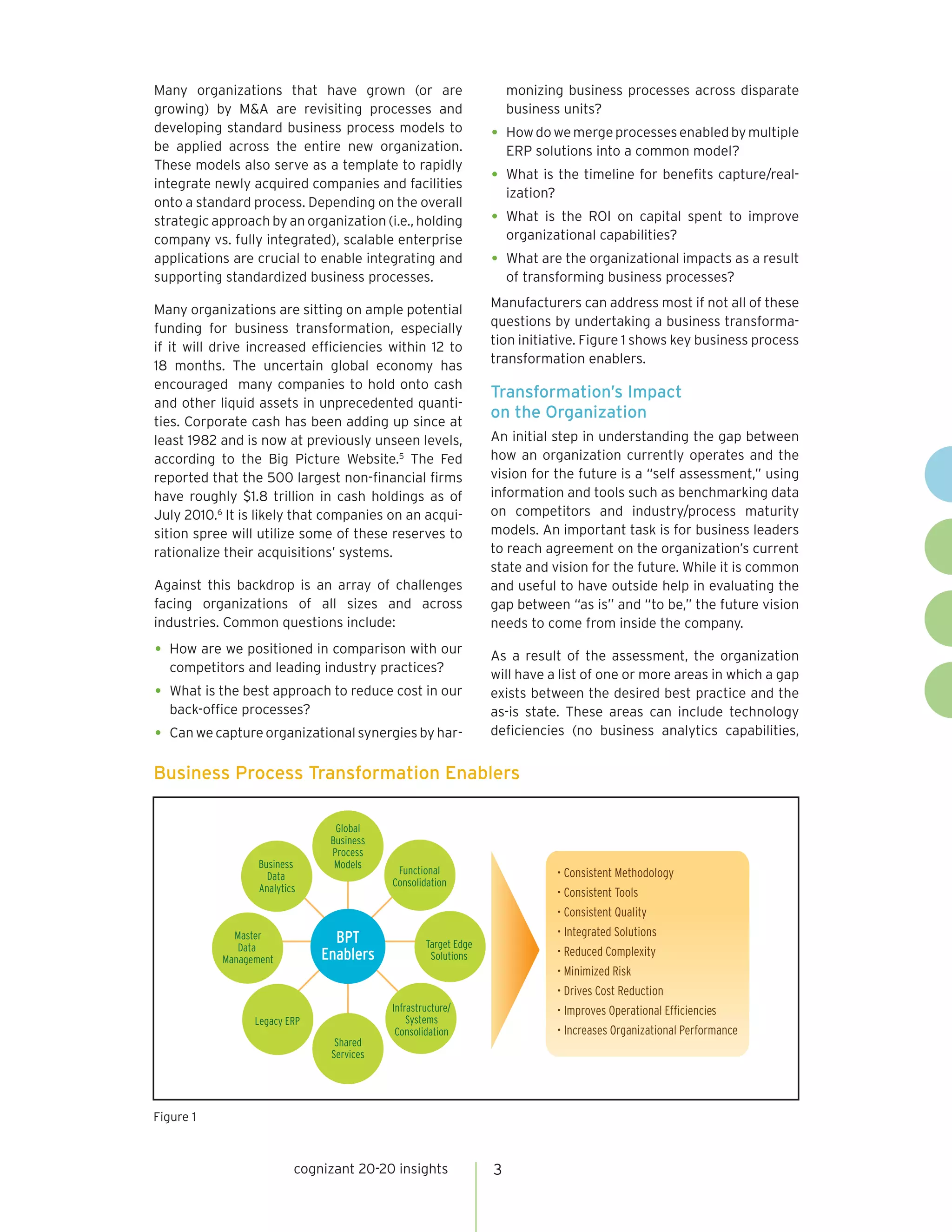 cognizant 20-20 insights 3
Many organizations that have grown (or are
growing) by M&A are revisiting processes and
developing standard business process models to
be applied across the entire new organization.
These models also serve as a template to rapidly
integrate newly acquired companies and facilities
onto a standard process. Depending on the overall
strategic approach by an organization (i.e., holding
company vs. fully integrated), scalable enterprise
applications are crucial to enable integrating and
supporting standardized business processes.
Many organizations are sitting on ample potential
funding for business transformation, especially
if it will drive increased efficiencies within 12 to
18 months. The uncertain global economy has
encouraged many companies to hold onto cash
and other liquid assets in unprecedented quanti-
ties. Corporate cash has been adding up since at
least 1982 and is now at previously unseen levels,
according to the Big Picture Website.5
The Fed
reported that the 500 largest non-financial firms
have roughly $1.8 trillion in cash holdings as of
July 2010.6
It is likely that companies on an acqui-
sition spree will utilize some of these reserves to
rationalize their acquisitions’ systems.
Against this backdrop is an array of challenges
facing organizations of all sizes and across
industries. Common questions include:
How are we positioned in comparison with our•	
competitors and leading industry practices?
What is the best approach to reduce cost in our•	
back-office processes?
Can we capture organizational synergies by har-•	
monizing business processes across disparate
business units?
Howdowemergeprocessesenabledbymultiple•	
ERP solutions into a common model?
What is the timeline for benefits capture/real-•	
ization?
What is the ROI on capital spent to improve•	
organizational capabilities?
What are the organizational impacts as a result•	
of transforming business processes?
Manufacturers can address most if not all of these
questions by undertaking a business transforma-
tion initiative. Figure 1 shows key business process
transformation enablers.
Transformation’s Impact
on the Organization
An initial step in understanding the gap between
how an organization currently operates and the
vision for the future is a “self assessment,” using
information and tools such as benchmarking data
on competitors and industry/process maturity
models. An important task is for business leaders
to reach agreement on the organization’s current
state and vision for the future. While it is common
and useful to have outside help in evaluating the
gap between “as is” and “to be,” the future vision
needs to come from inside the company.
As a result of the assessment, the organization
will have a list of one or more areas in which a gap
exists between the desired best practice and the
as-is state. These areas can include technology
deficiencies (no business analytics capabilities,
Business Process Transformation Enablers
Business
Data
Analytics
Global
Business
Process
Models
Functional
Consolidation
Target Edge
Solutions
Infrastructure/
Systems
Consolidation
Shared
Services
Legacy ERP
Master
Data
Management
• Consistent Methodology
• Consistent Tools
• Consistent Quality
• Integrated Solutions
• Reduced Complexity
• Minimized Risk
• Drives Cost Reduction
• Improves Operational Efficiencies
• Increases Organizational Performance
BPT
Enablers
Figure 1
 