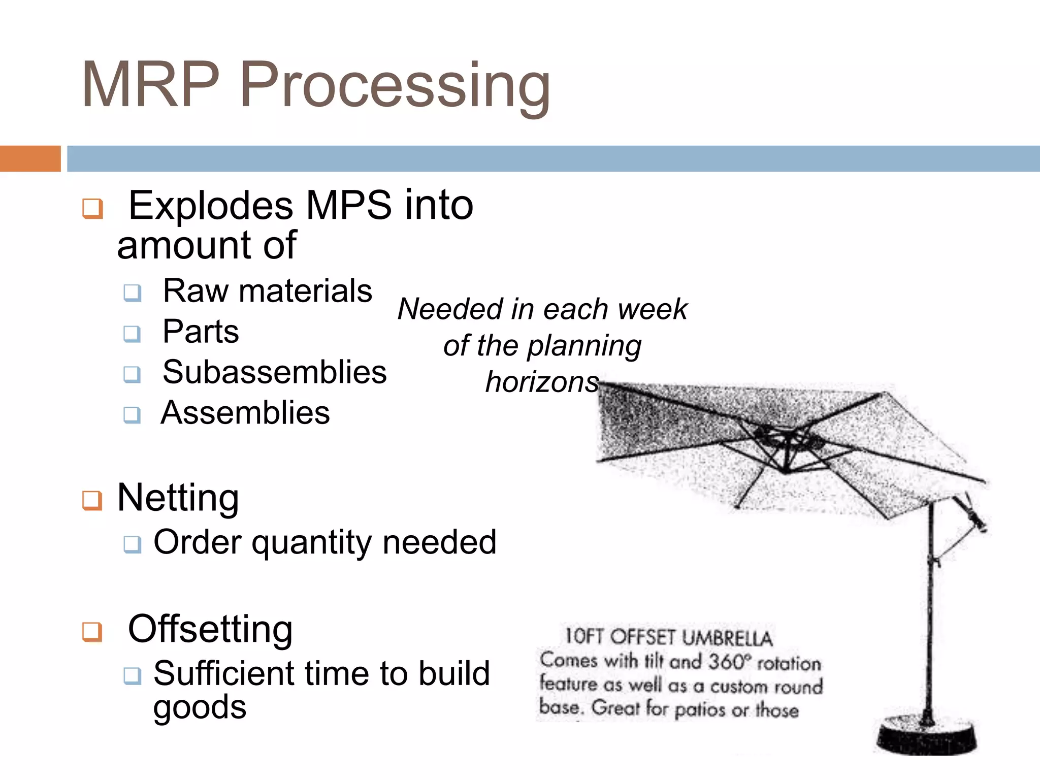 MRP Processing
 Explodes MPS into
amount of
 Raw materials
 Parts
 Subassemblies
 Assemblies
 Netting
 Order quantity needed
 Offsetting
 Sufficient time to build
goods
Needed in each week
of the planning
horizons
 