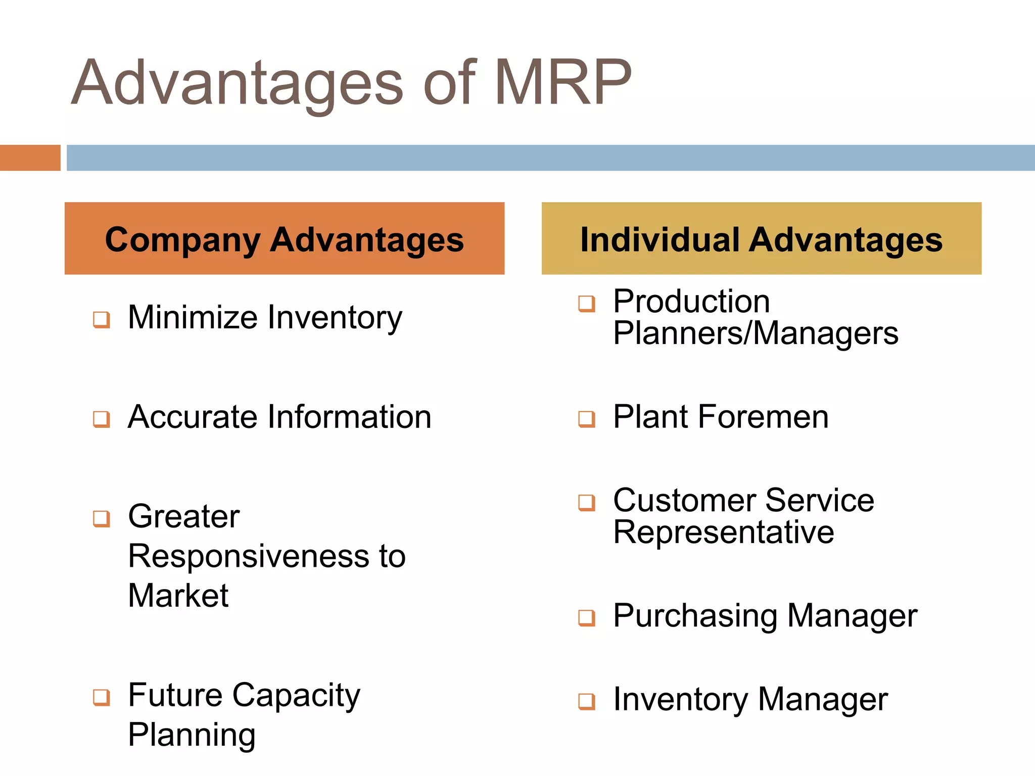 Advantages of MRP
 Minimize Inventory
 Accurate Information
 Greater
Responsiveness to
Market
 Future Capacity
Planning
 Production
Planners/Managers
 Plant Foremen
 Customer Service
Representative
 Purchasing Manager
 Inventory Manager
Company Advantages Individual Advantages
 