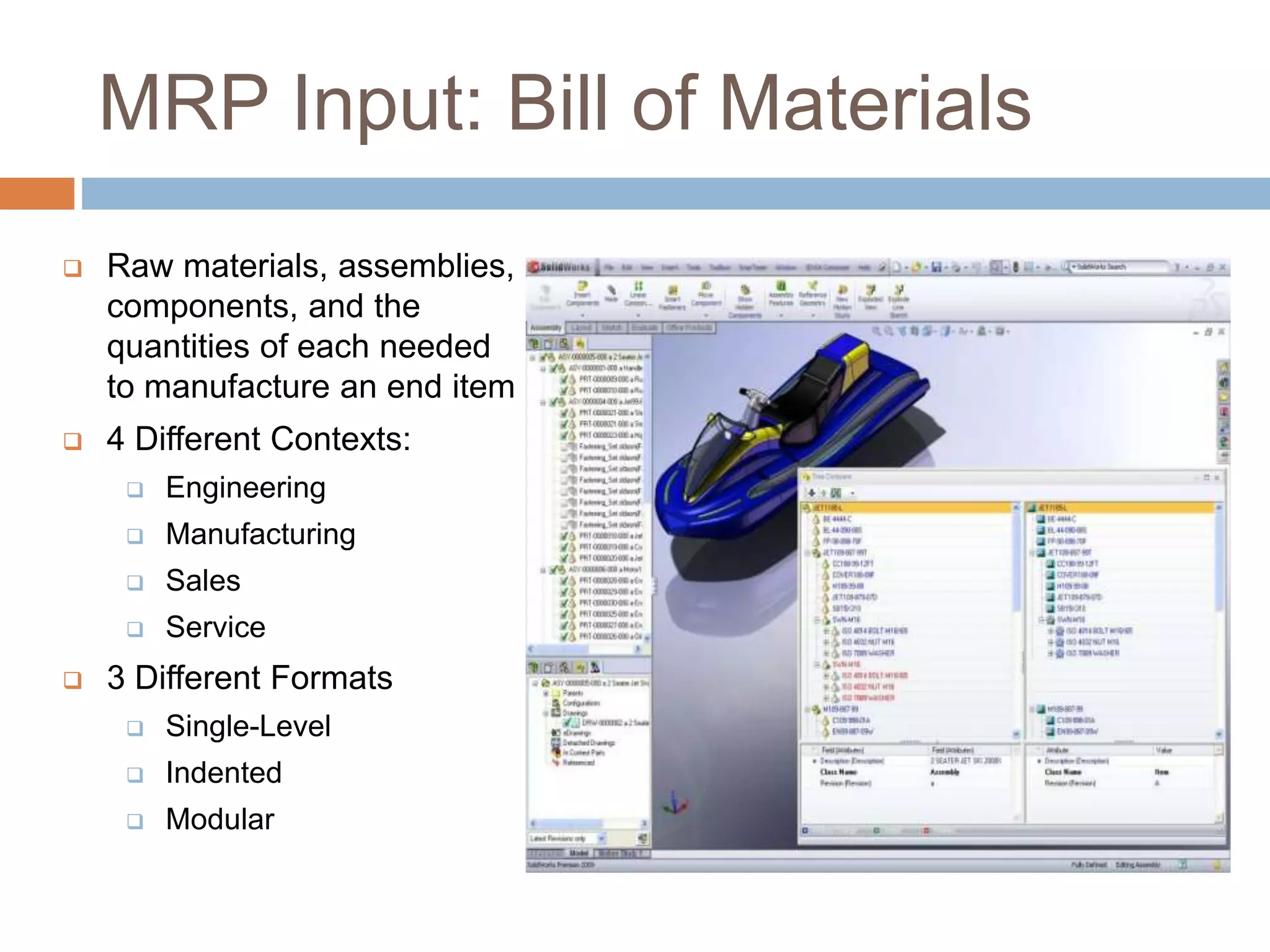 MRP Input: Bill of Materials
 Raw materials, assemblies,
components, and the
quantities of each needed
to manufacture an end item
 4 Different Contexts:
 Engineering
 Manufacturing
 Sales
 Service
 3 Different Formats
 Single-Level
 Indented
 Modular
 