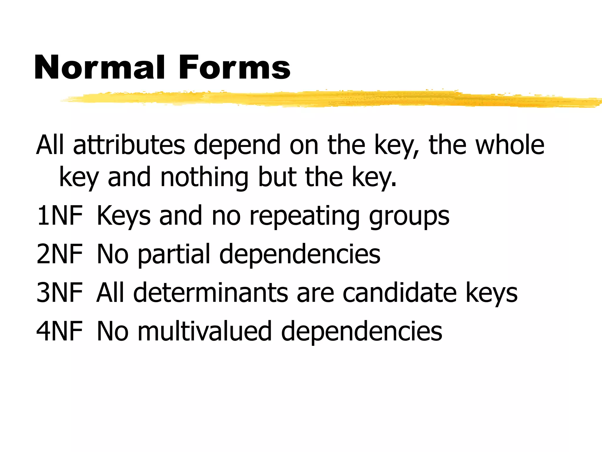 Normal Forms
All attributes depend on the key, the whole
key and nothing but the key.
1NF Keys and no repeating groups
2NF No partial dependencies
3NF All determinants are candidate keys
4NF No multivalued dependencies
 