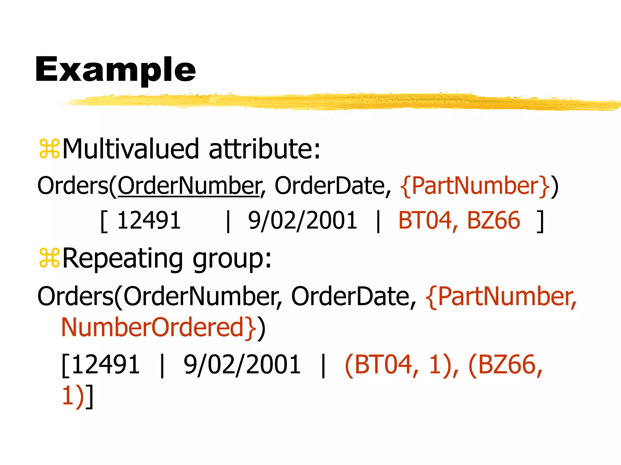 Example
Multivalued attribute:
Orders(OrderNumber, OrderDate, {PartNumber})
[ 12491 | 9/02/2001 | BT04, BZ66 ]
Repeating group:
Orders(OrderNumber, OrderDate, {PartNumber,
NumberOrdered})
[12491 | 9/02/2001 | (BT04, 1), (BZ66,
1)]
 