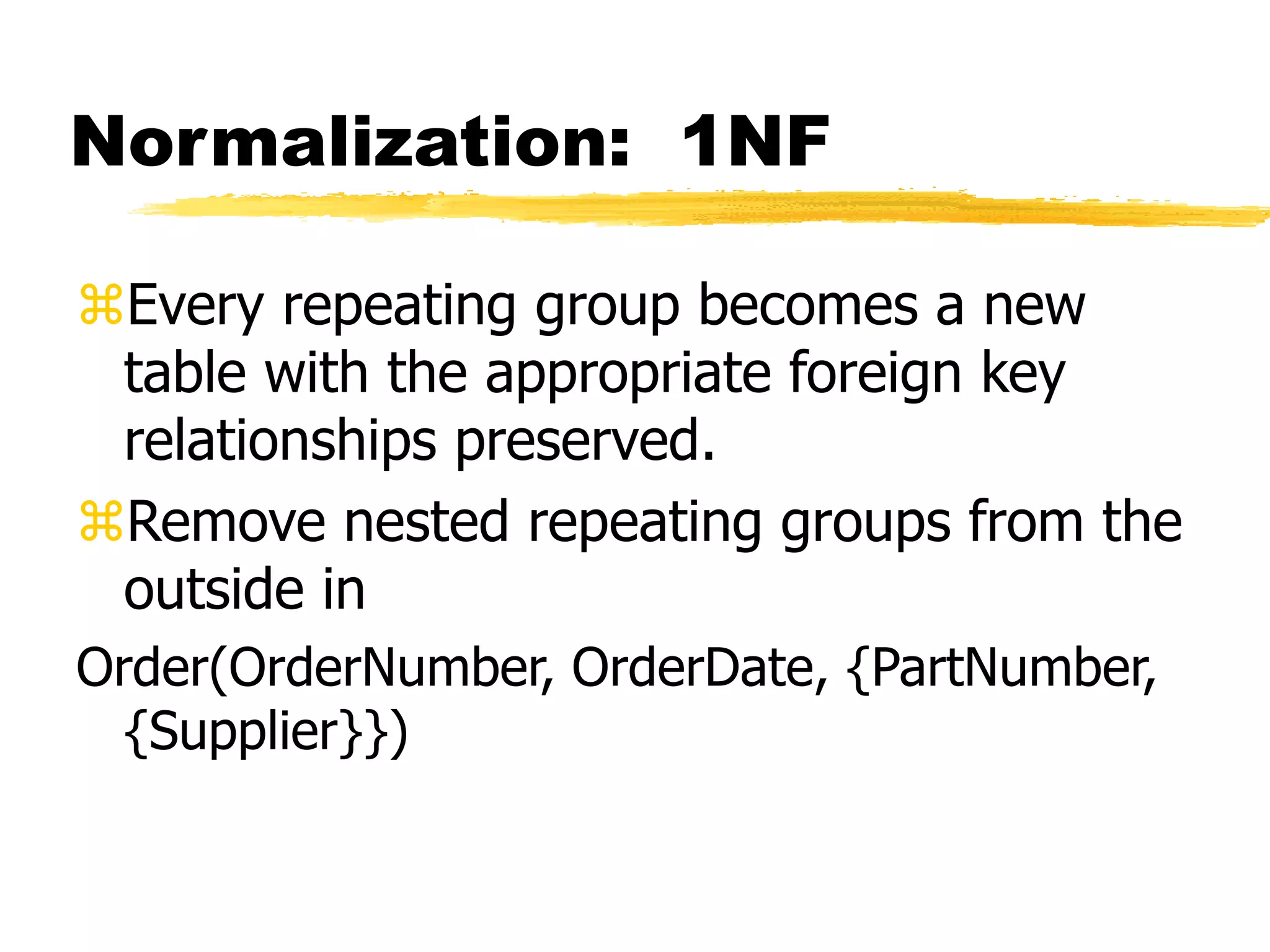 Normalization: 1NF
Every repeating group becomes a new
table with the appropriate foreign key
relationships preserved.
Remove nested repeating groups from the
outside in
Order(OrderNumber, OrderDate, {PartNumber,
{Supplier}})
 
