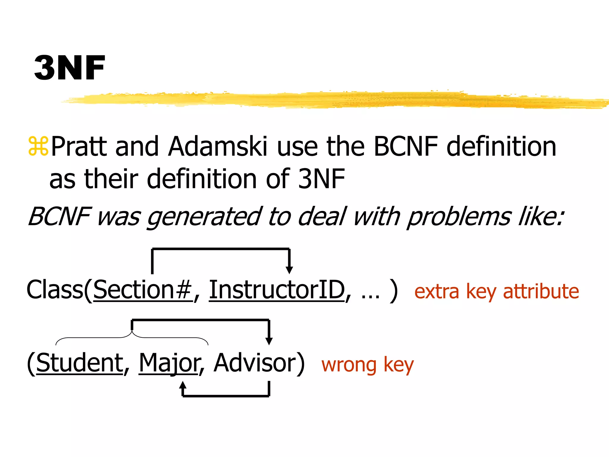 3NF
Pratt and Adamski use the BCNF definition
as their definition of 3NF
BCNF was generated to deal with problems like:
Class(Section#, InstructorID, … ) extra key attribute
(Student, Major, Advisor) wrong key
 